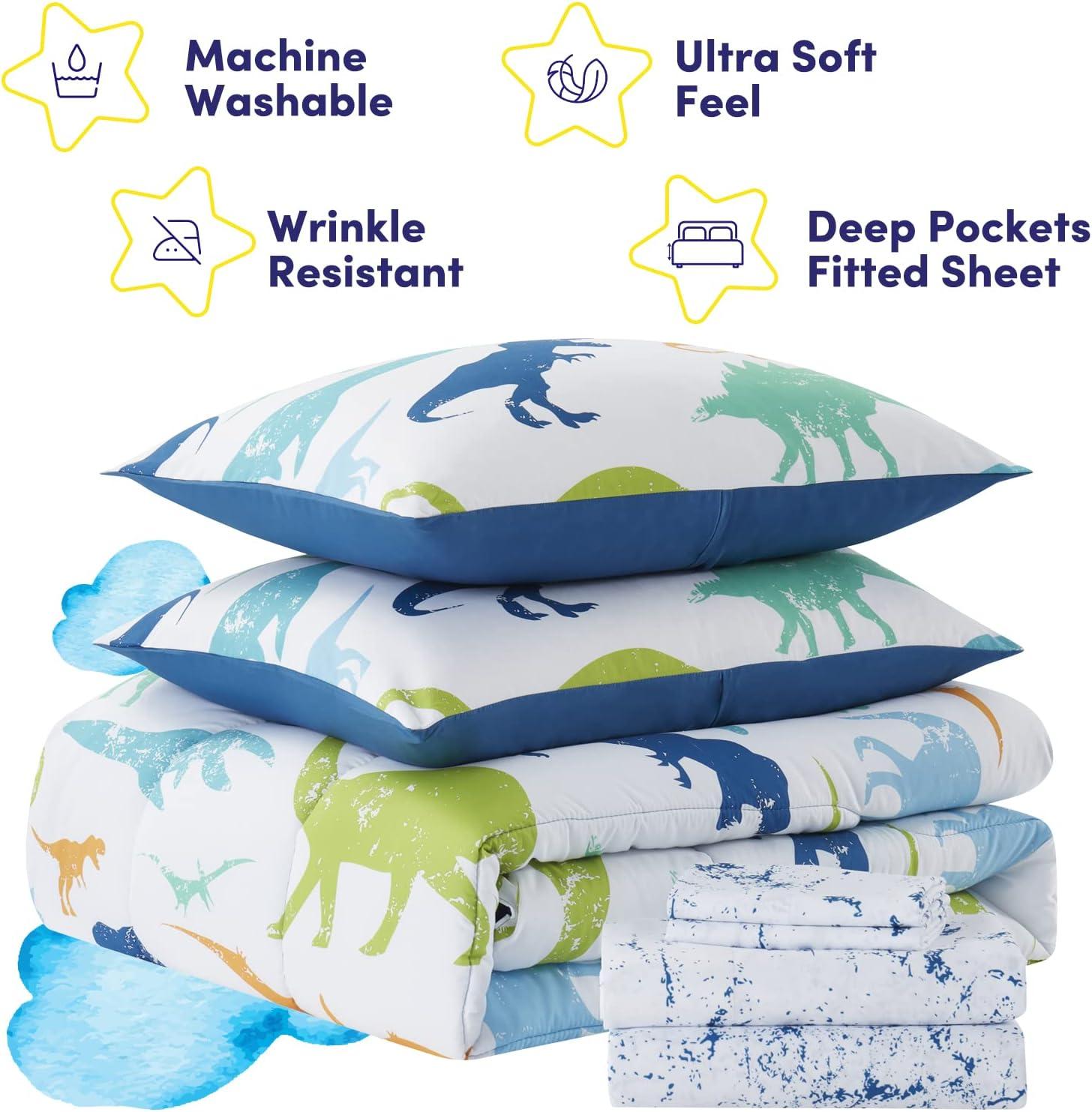 Dinosaur White/Blue/Green Microfiber Reversible Comforter Set