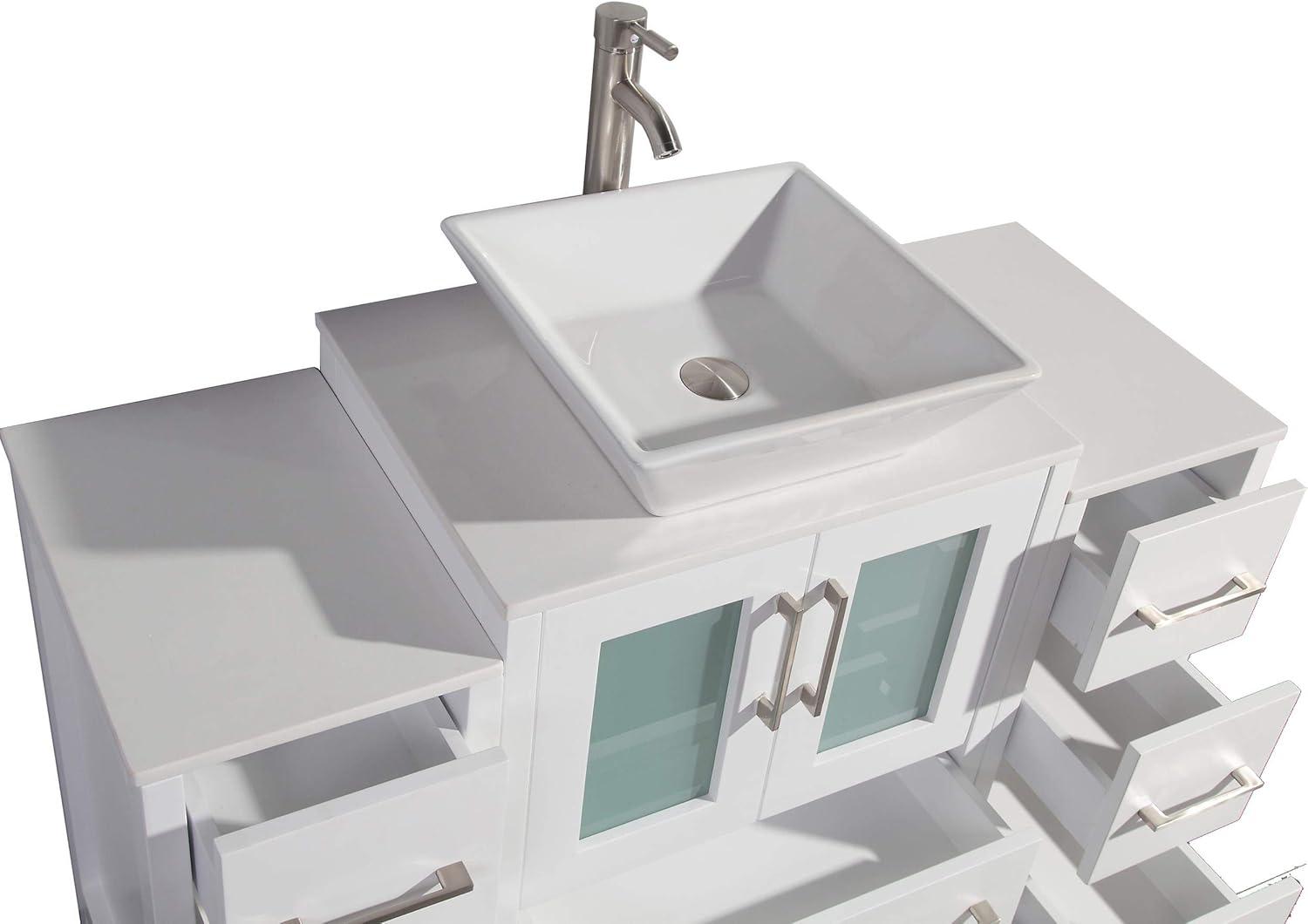 Vanity Art 48 Inch Vessel Single Sink Bathroom Vanity Cabinet with 1 Mirror, Engineered Marble Top Bathroom Cabinet Compact Set with 8 Dovetail Drawers and Soft Closing Doors, VA3124-48W