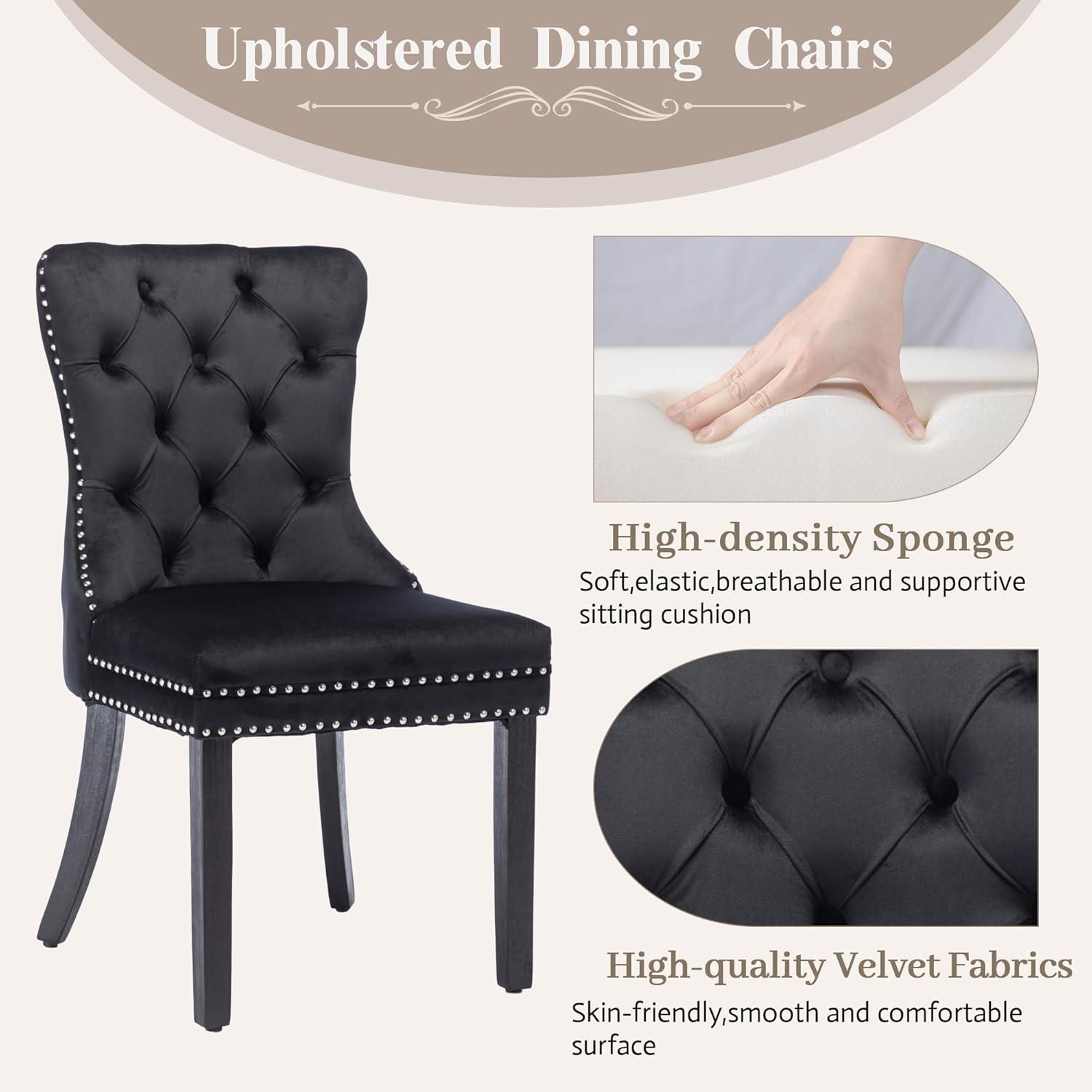 KCC Velvet Dining Chairs Set of 2, Upholstered High-end Tufted Dining Room Chair with Nailhead Back Ring Pull Trim Solid Wood Legs, Nikki Collection Modern Style for Kitchen, Black