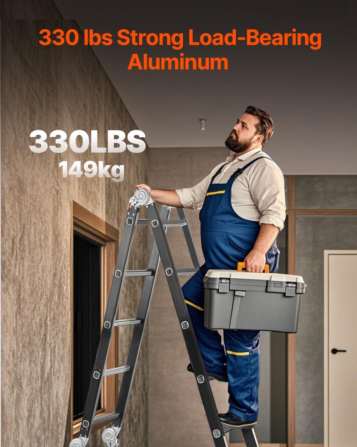 VEVOR Escalera Plegable Multiusos, Escalera de Extensión 7 en 1 de Altura, un Marco de 4 Escalones con Escalera Telescópica con Tablón de Andamio, Altura de Alcance de 15,5 Pies para Trabajo Pesado, Capacidad de 330 Libras para el Hogar Al Aire Libre