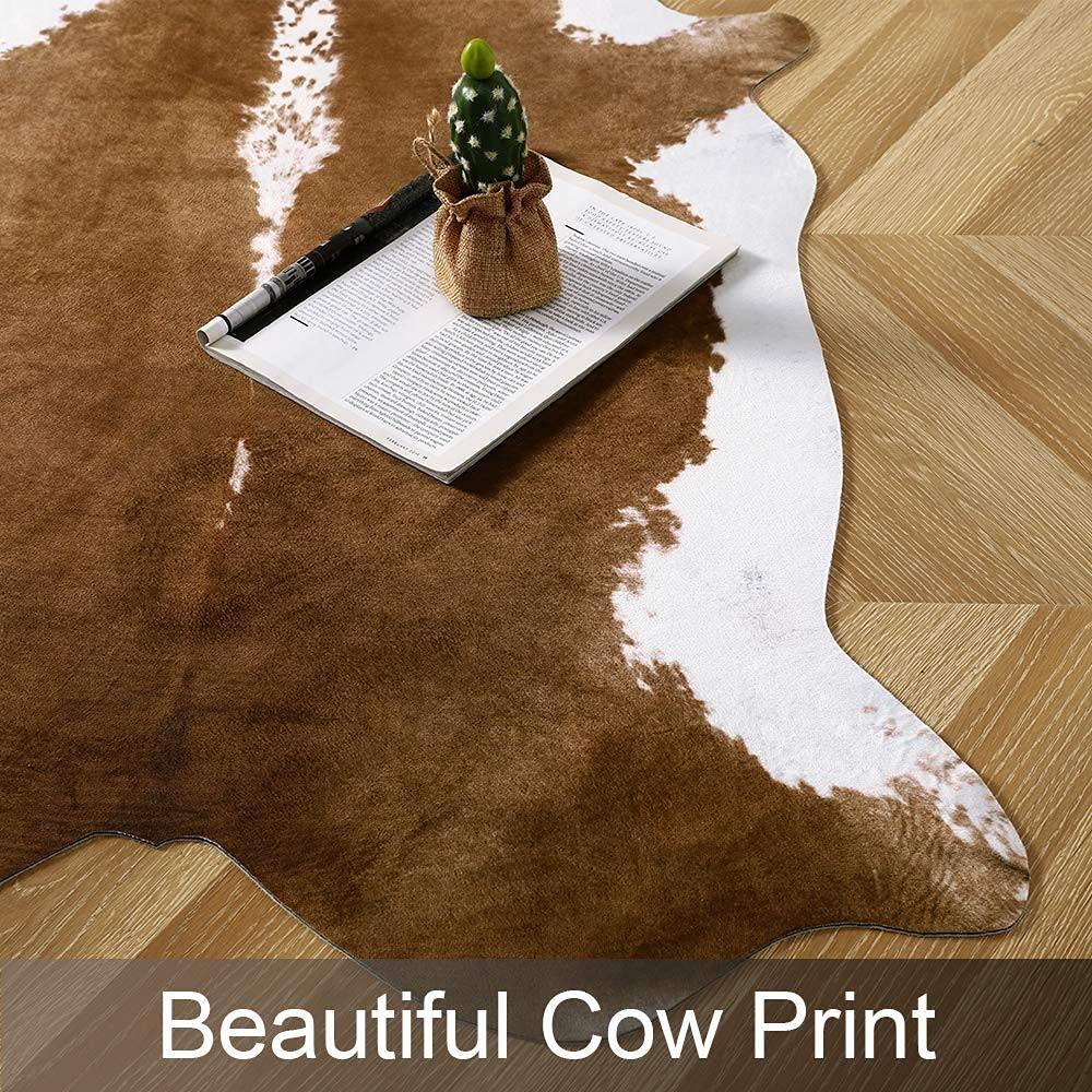 AROGAN Premium Faux Cowhide Rug 110 x70 cm/3.6 x 2.3 feet, Durable and Large Size Cow Print Rugs, Suitable for Bedroom Living Room Western Decor, Faux Fur Animal Cow Hide Carpet, Brown