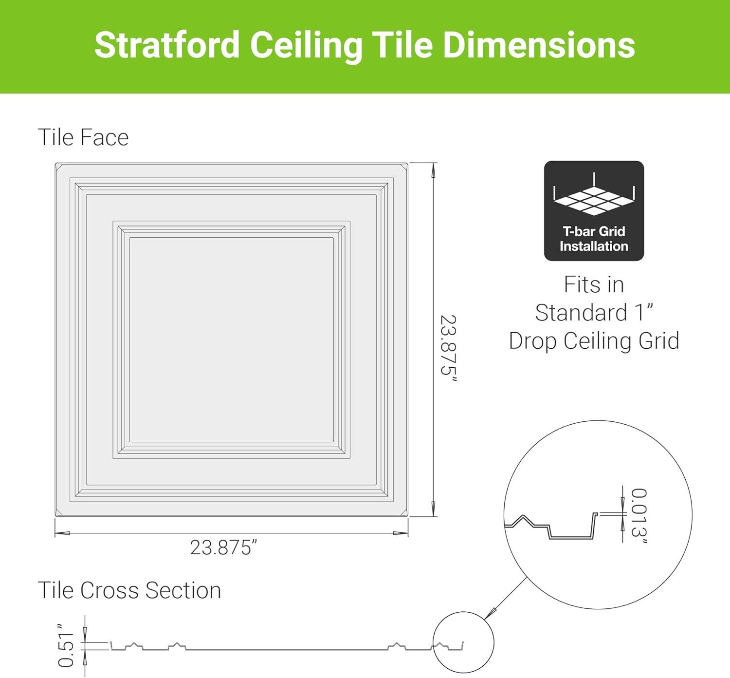 Ceilume Ceiling Tile; 2x2 Ceiling Tiles - Stratford Ultra-Thin Feather-Light - Use in 1" T-Bar Suspended Ceiling Grid - Drop Ceiling Tiles (White)