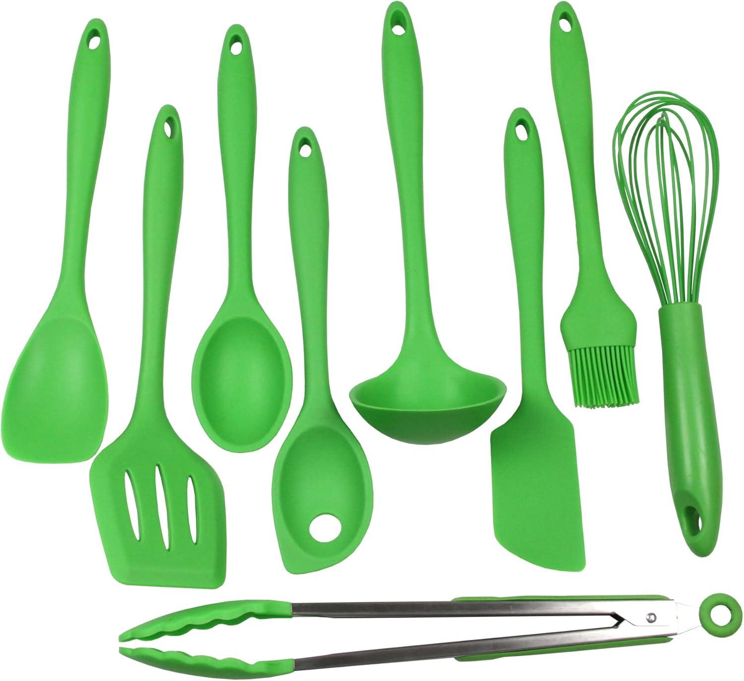 Green 9-Piece Silicone Kitchen Utensil Set with Stainless Steel Core