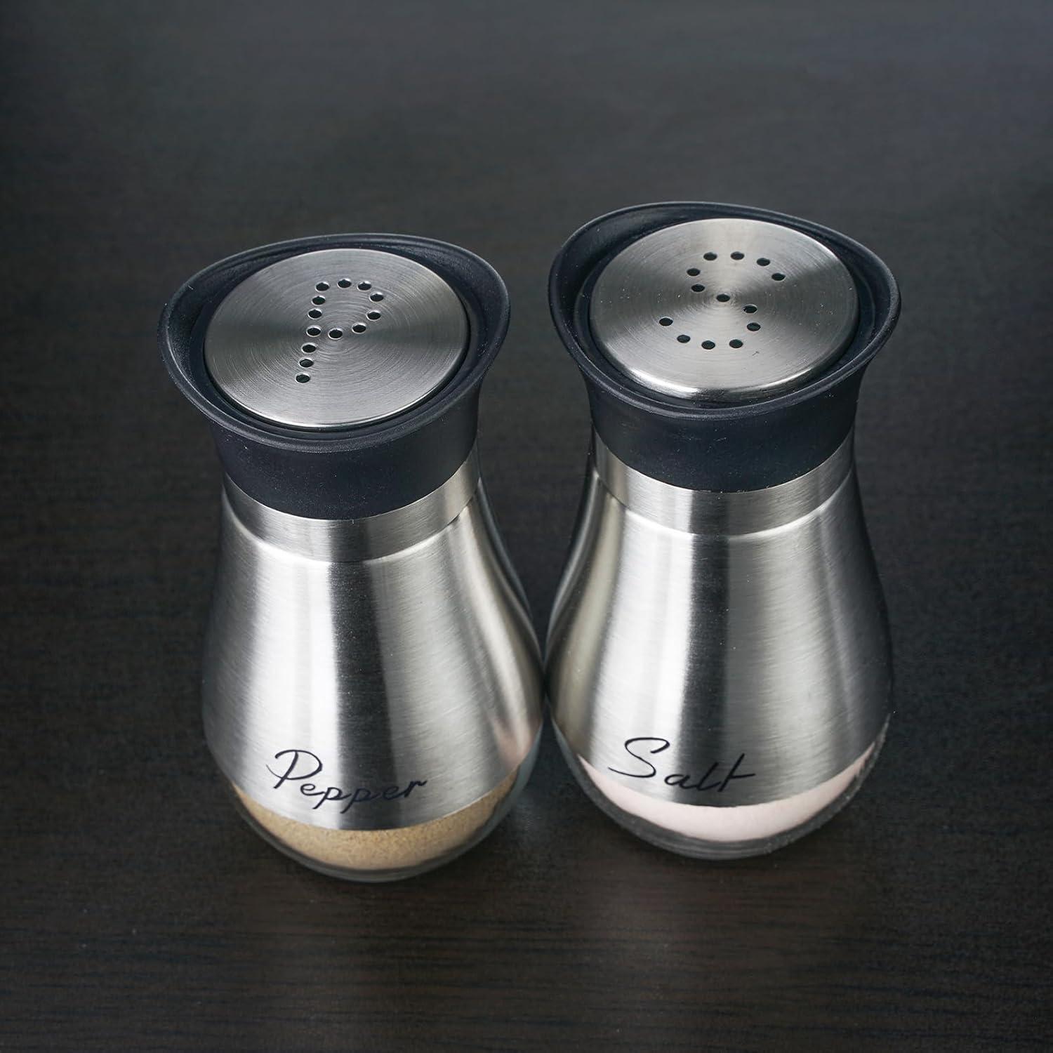 Juvale Stainless Steel Salt and Pepper Shakers Set with Glass Bottom, Perforated "S" and "P" Caps - Modern Kitchen Decor (4oz)