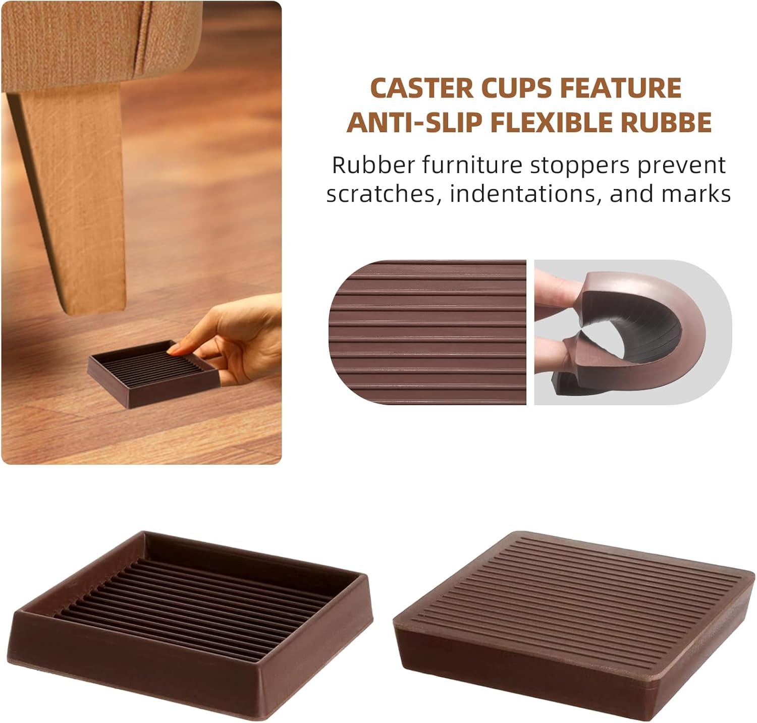 4Pcs Rubber Feet,3x3In Floor Pads for Furniture Legs,Brown Square Rubber Furniture Caster Cups,Ideal Bed Stoppers to Prevent Sliding