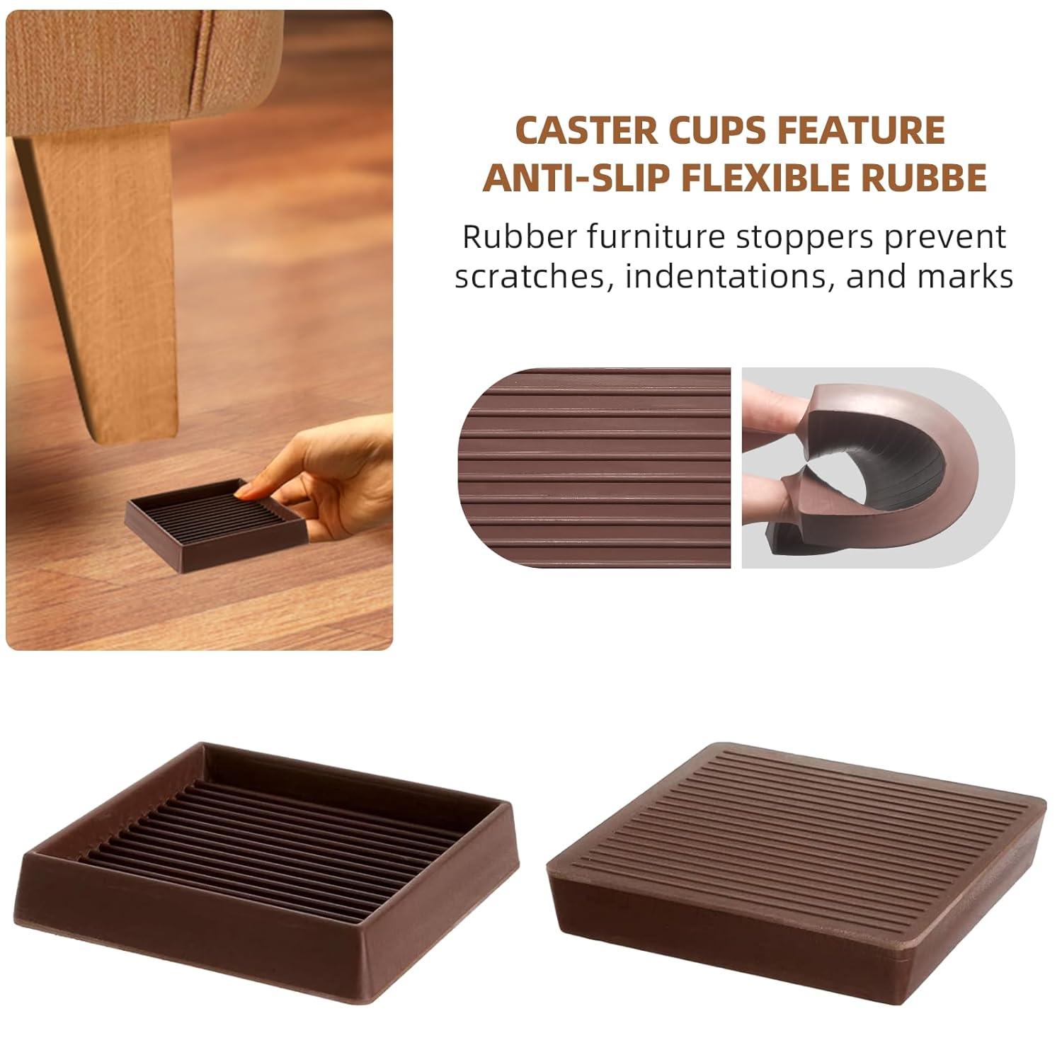 4Pcs Rubber Feet,3x3In Floor Pads for Furniture Legs,Brown Square Rubber Furniture Caster Cups,Ideal Bed Stoppers to Prevent Sliding