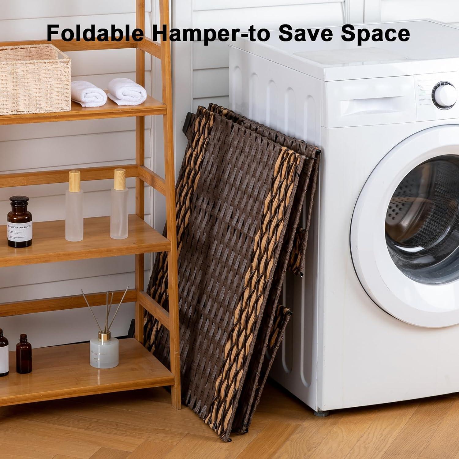 OIAHOMY Laundry Hamper with Lid, 140L Clothes Hamper with 3 Removable Liner Bags, Foldable Basket with Lid, Synthetic Wicker Laundry Basket for Bedroom, 27x 13 x 26 Inches, Brown