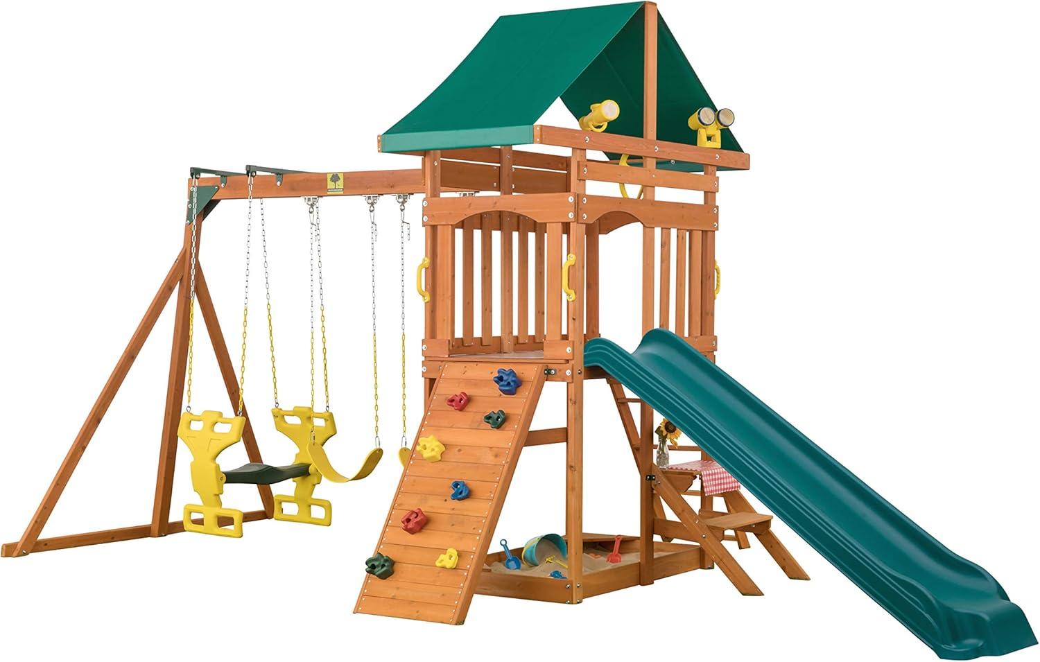 Sky View Cedar Backyard Playset | W: 17'10" D: 9'4" H: 9'9" | w/2-Person Glider & 2 Belt Swings | Binoculars, Steering Wheel & Telescope | Kids Age 3-12 | ASTM Standards | 10-Year Warranty on Wood