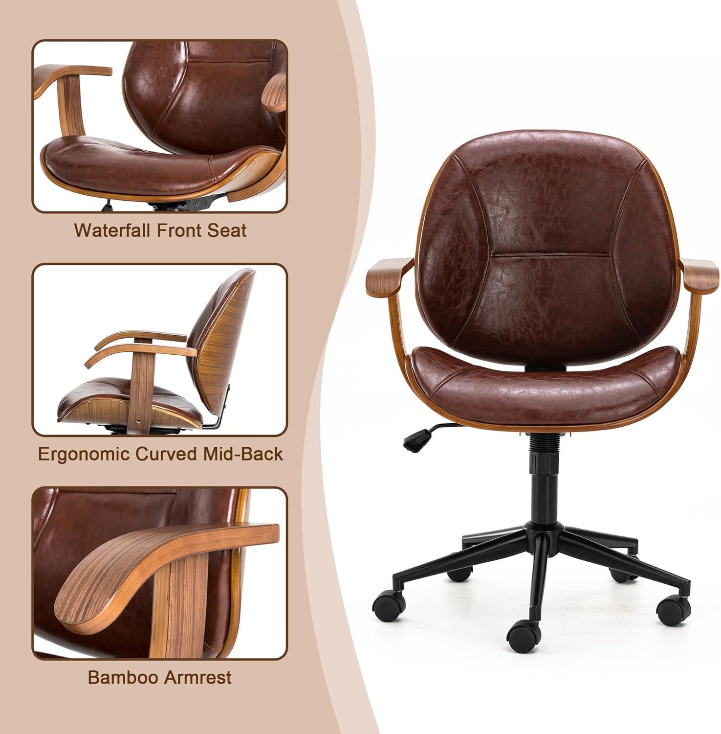 Glitzhome Leather Home Office Chair with Arm, Mid-Back Adjustable Executive Swivel Desk Task Chair,Beige