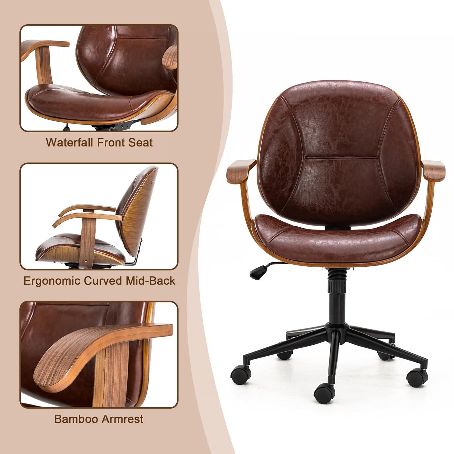 Glitzhome Leather Home Office Chair with Arm, Mid-Back Adjustable Executive Swivel Desk Task Chair,Beige