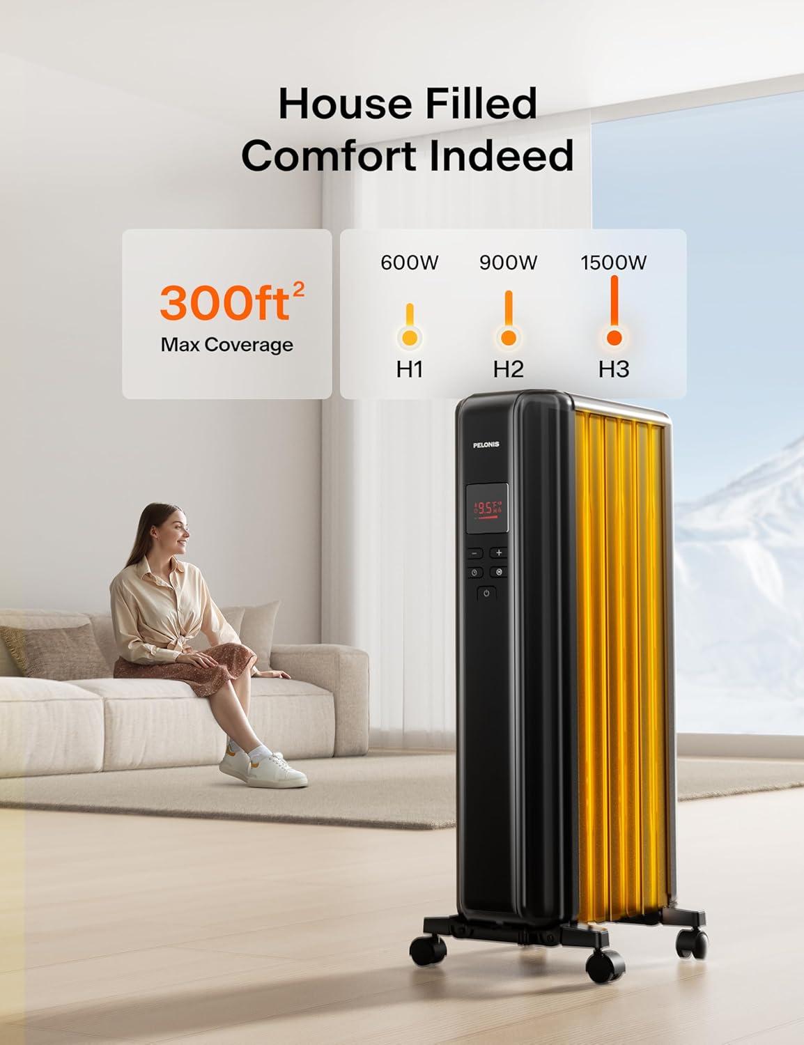 PELONIS PSHO06MR6ASB 1500W Oil Filled Radiator Heater, Remote, ECO, Quiet, Safe for Large Rooms