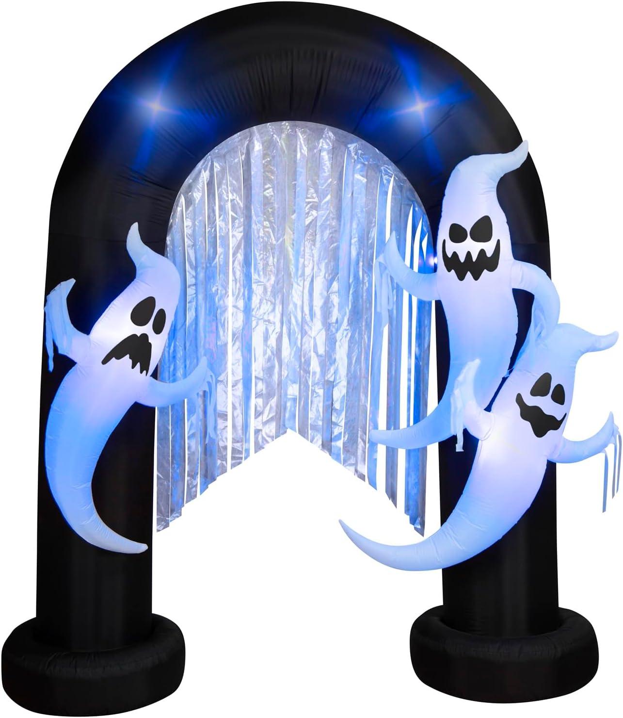 Gemmy Halloween Inflatable Ghost Archway with Flickering Black Lights and Metallic Streamers, 9 ft Tall