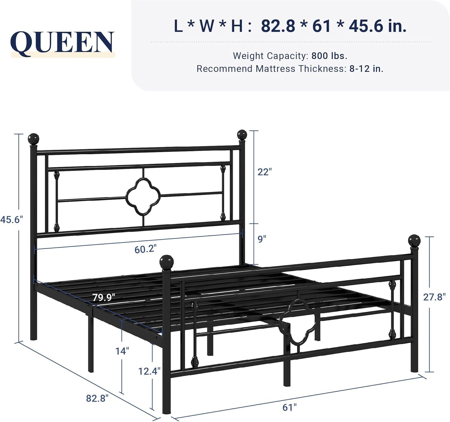 Black Queen Metal Platform Bed Frame with Victorian Headboard and Storage