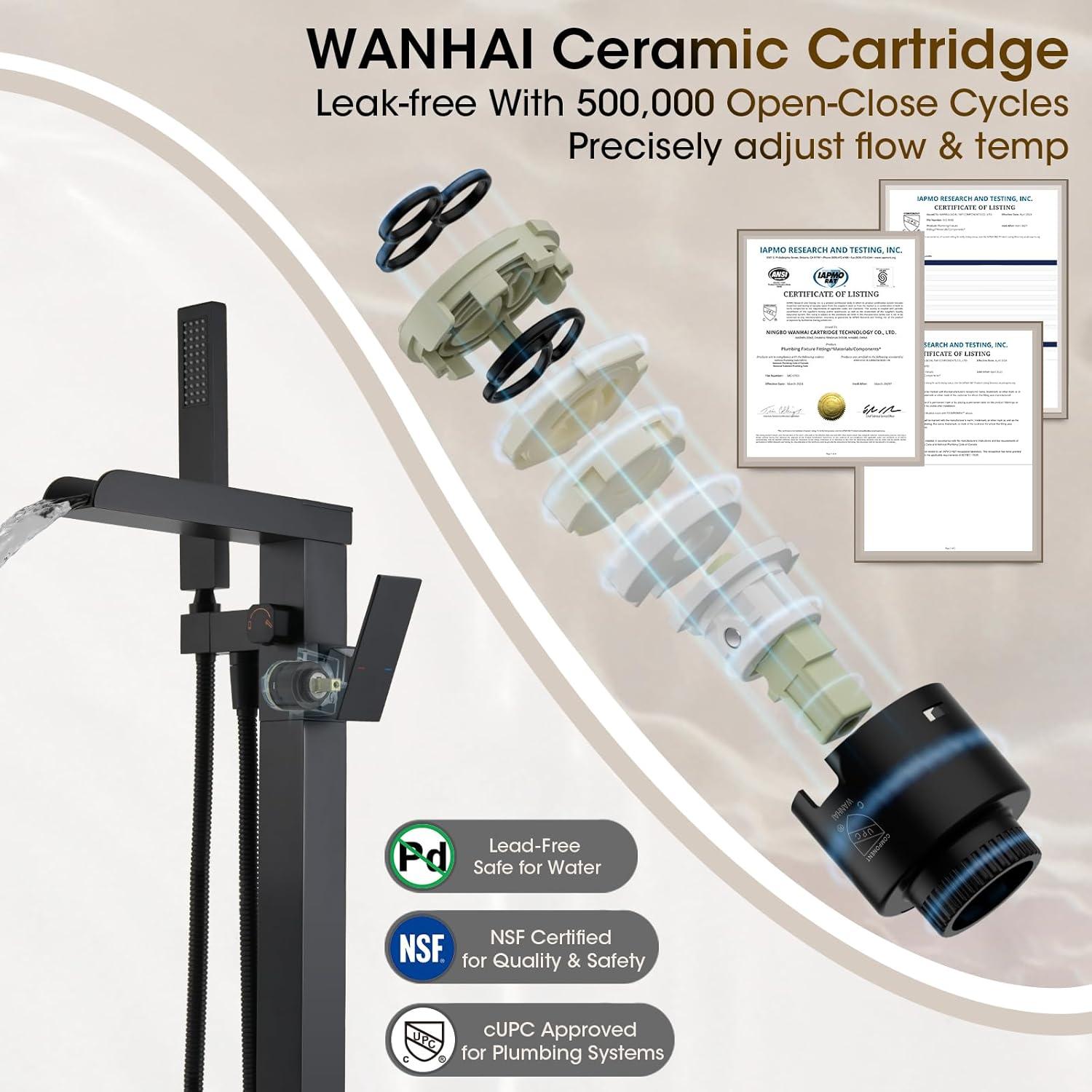 AlenArtWater Waterfall Tub Filler Freestanding Bathtub Faucet Floor Mount Brass Single Handle Bathroom Faucets with Hand Shower 94-LJQKCZ