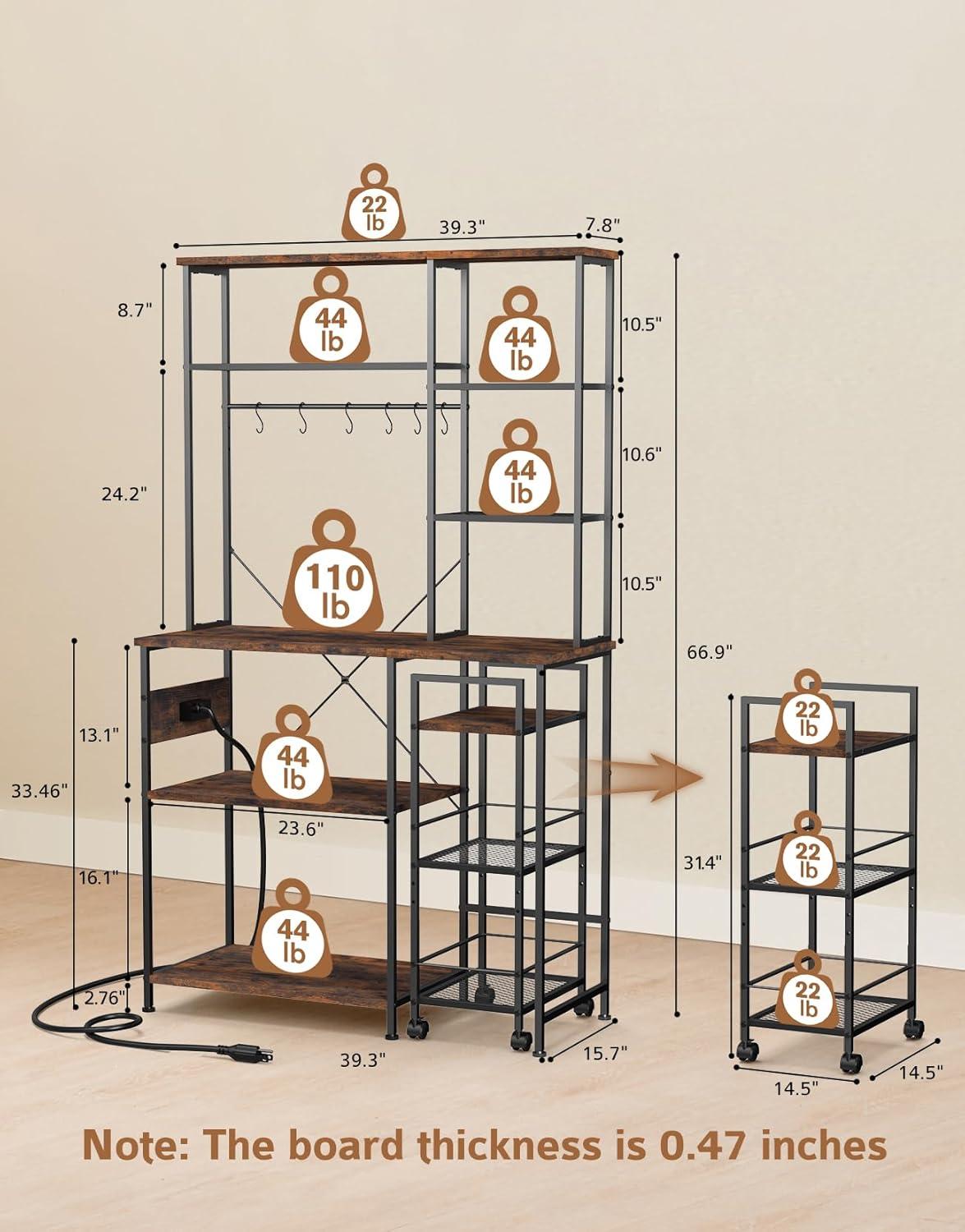 17 Stories Bakers Rack With Mobile Kitchen Utility Shelf ,Adjustable Height, Multi-Compartment Storage With Power Outlet ,6 Hooks For Bread Machines, Coffee Bar, Microwave Stand, Rustic Brown And Black