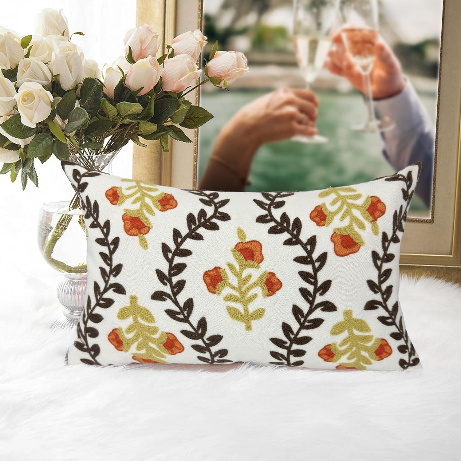 Farmhouse Floral Embroidered Cotton Lumbar Pillow Cover