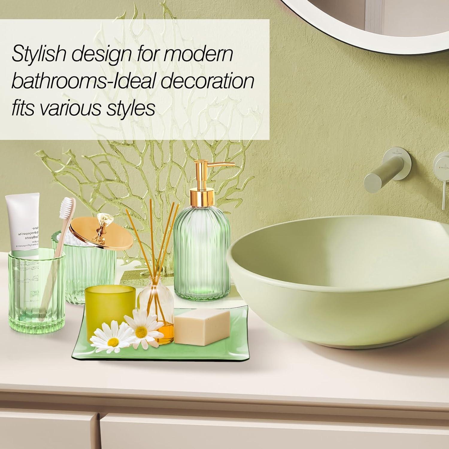 Green Glass Bathroom Accessories Set with Gold Accents, 4 Pieces