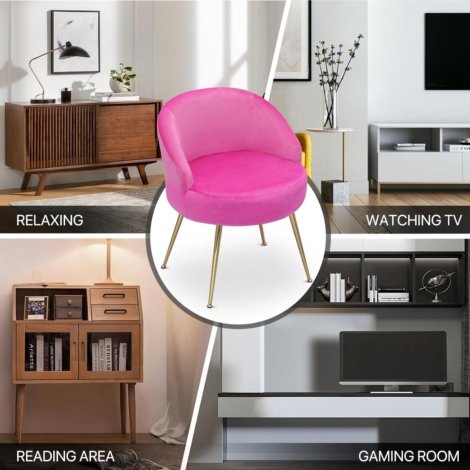 MoNiBloom Modern Upholstered Velvet Accent Chair, Single Sofa Side Chair for Living Bedroom Make-Up Room, Barrel Chair with Golden Metal Legs, Hot Pink