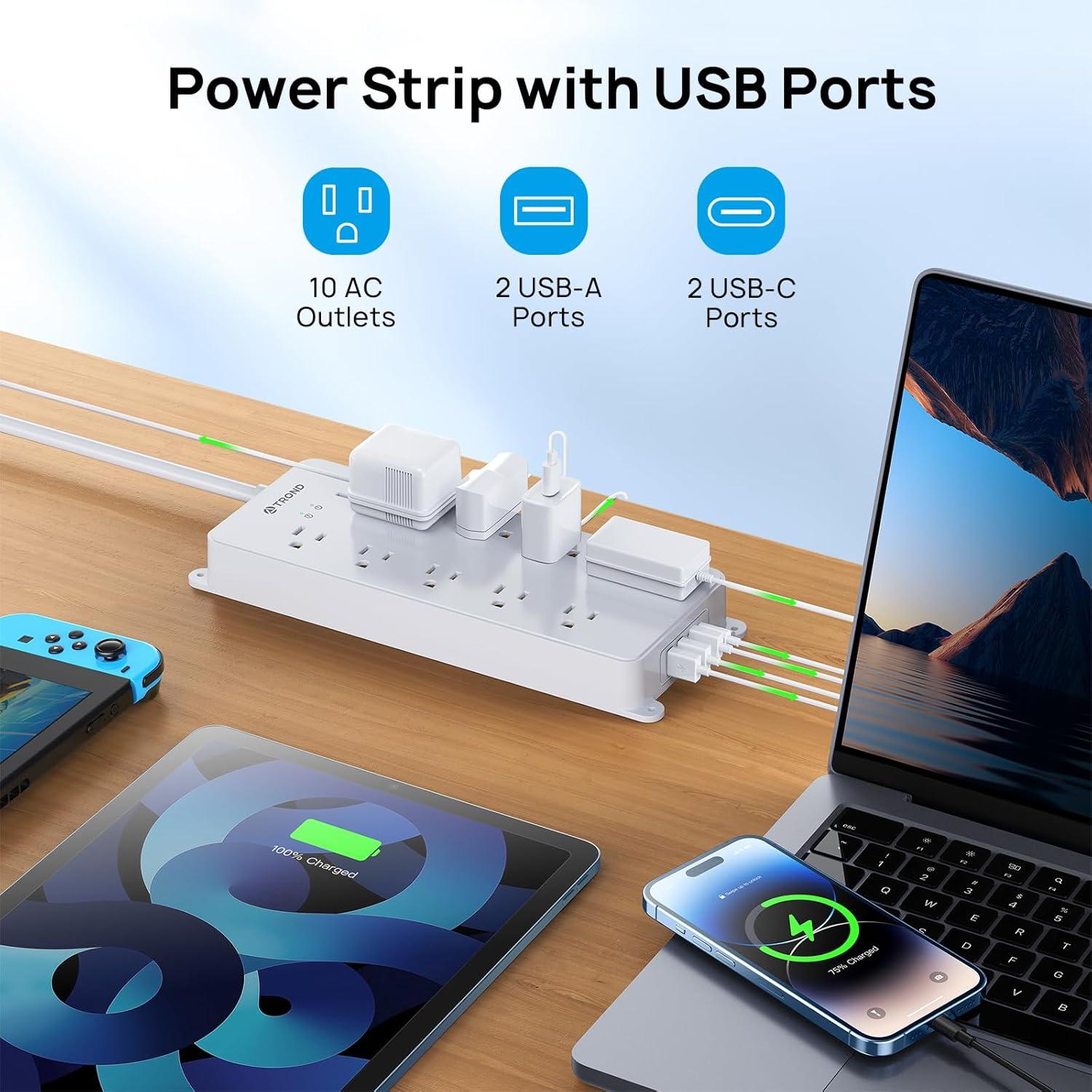 TROND Surge Protector Power Strip, 4000J, ETL Listed, 10 Widely Spaced Outlets, 2 USB C and 2 USB A Ports, Flat Plug 5ft Extension Cord, Wall Mountable, Under Desk Power Strip for Home Office, White