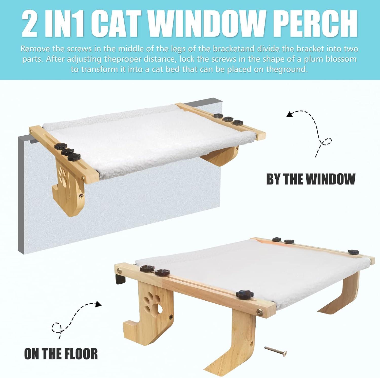 Window Perch Sturdy Cat Hammock With Wood and Metal Frame - No Drilling Required - Multiple Uses - Bed for Windowsill, Floor, Bedside or Cabinet - Suitable for Large Cats (L-White Plush)
