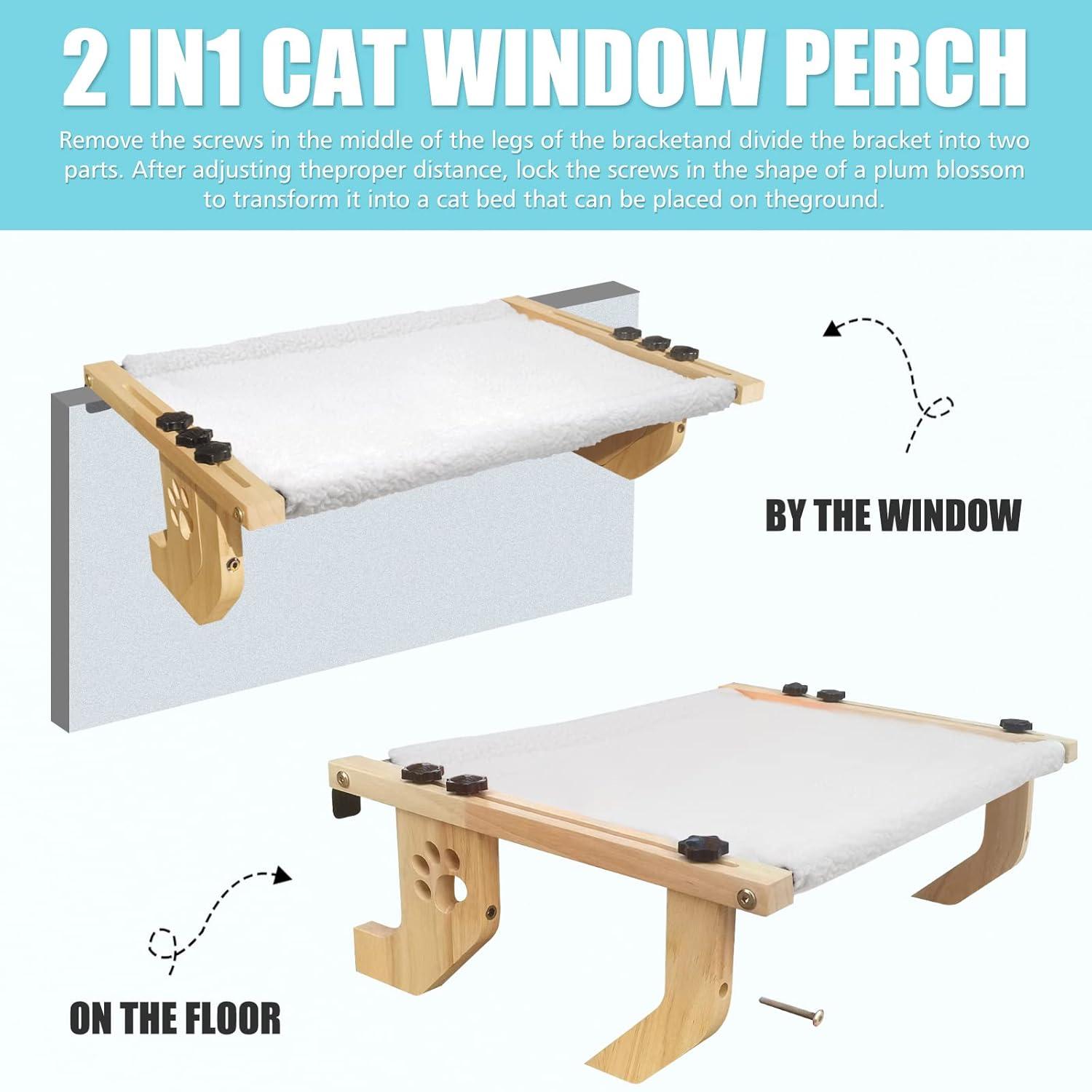 Window Perch Sturdy Cat Hammock With Wood and Metal Frame - No Drilling Required - Multiple Uses - Bed for Windowsill, Floor, Bedside or Cabinet - Suitable for Large Cats (L-White Plush)
