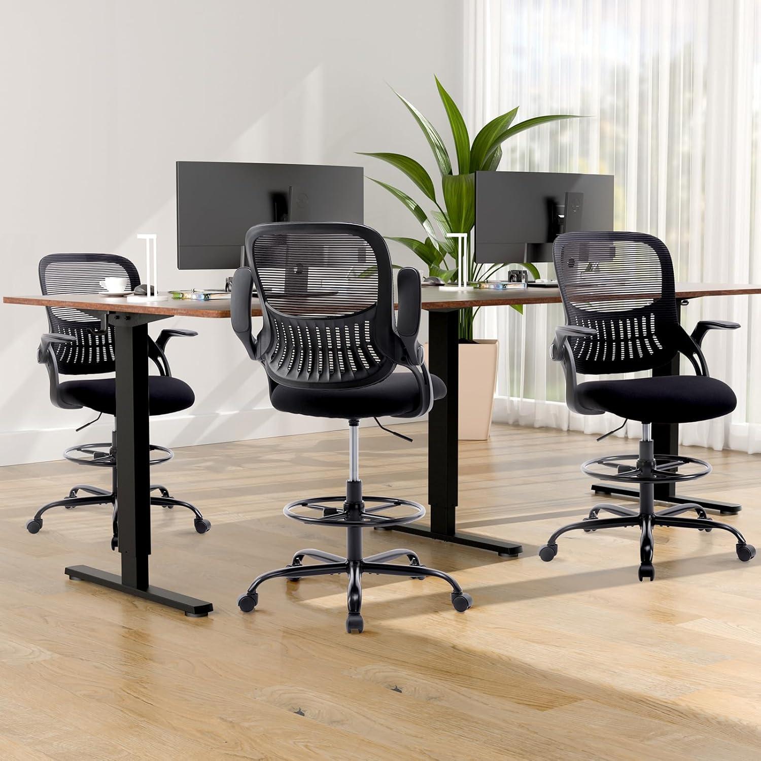 Black Mesh Adjustable Office Drafting Chair with Arms