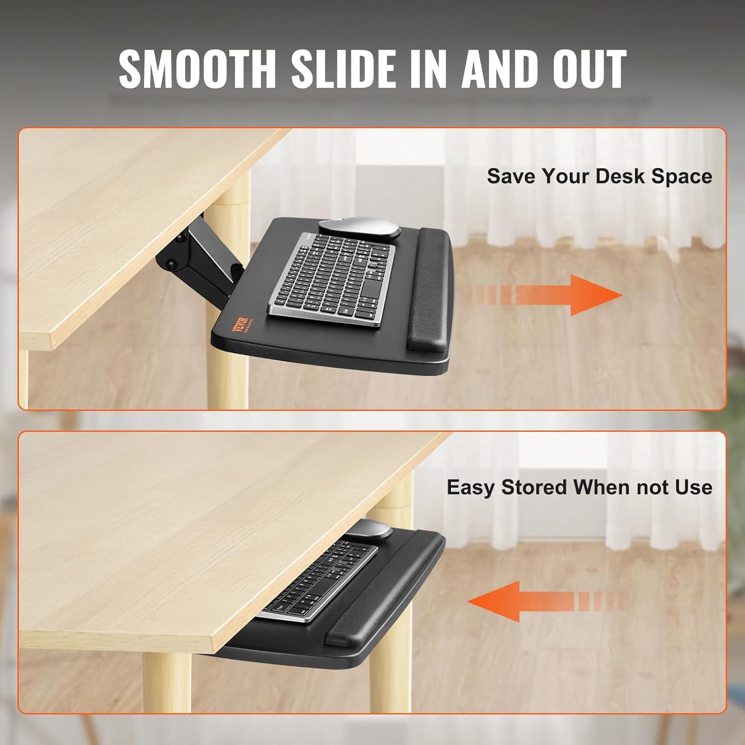 Keyboard Tray under Desk Adjustable Height, Height and Angle Adjustable under Desk Keyboard Tray Slide out, Large 25x9.8 inch Keyboard Holder under Desk for Typing in Home, Office Work