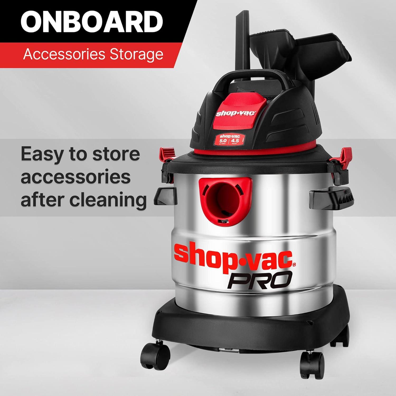 Shop-Vac 5989305 Wet/Dry Vacuum, 5 Gallon, 4.5 Peak HP Stainless Steel Vacuum, 1.25 Inch Diameter x 7 Foot Hose, 6 Ft Cord Length, Ideal for Jobsite, Garage, Car & Workshop