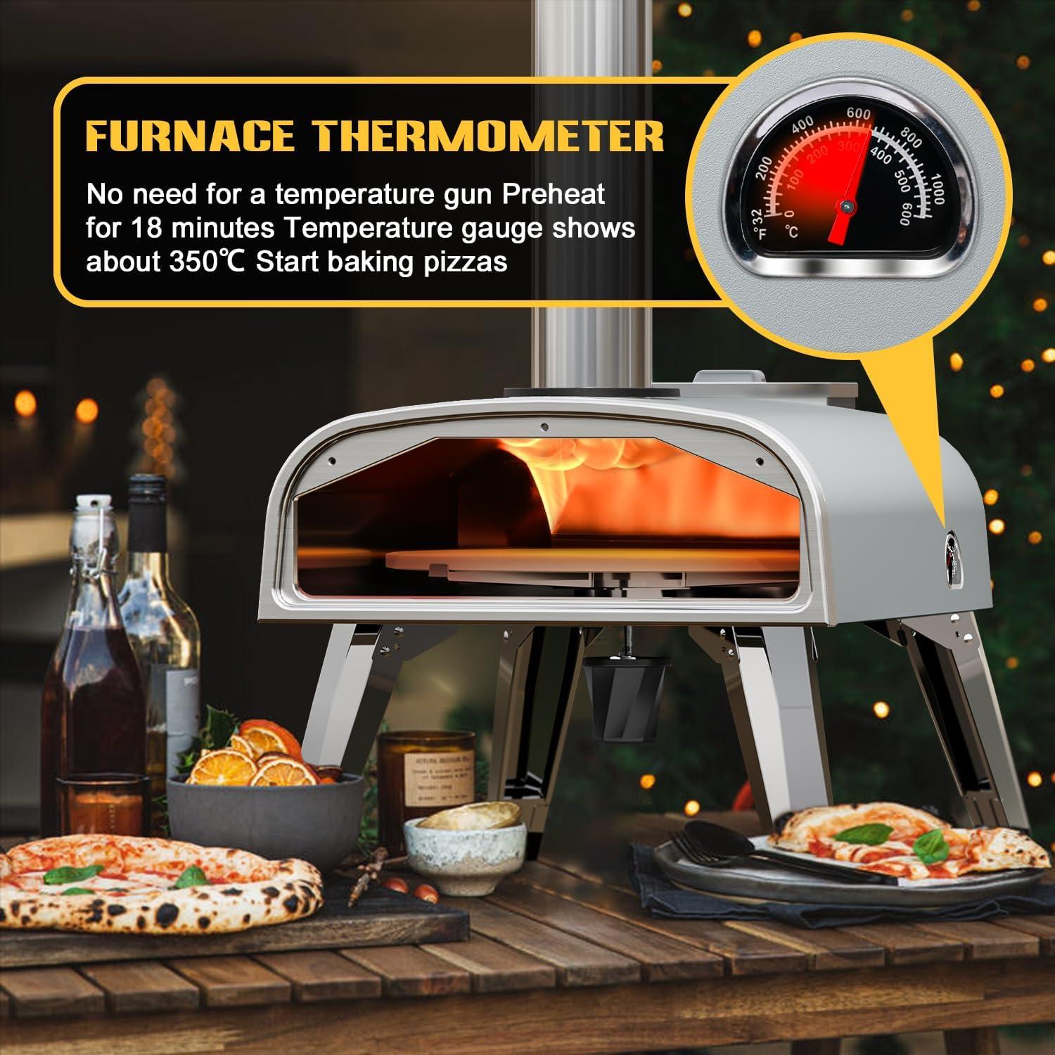 Portable Rotatable Wood Fired Outdoor Pizza Oven with Thermometer