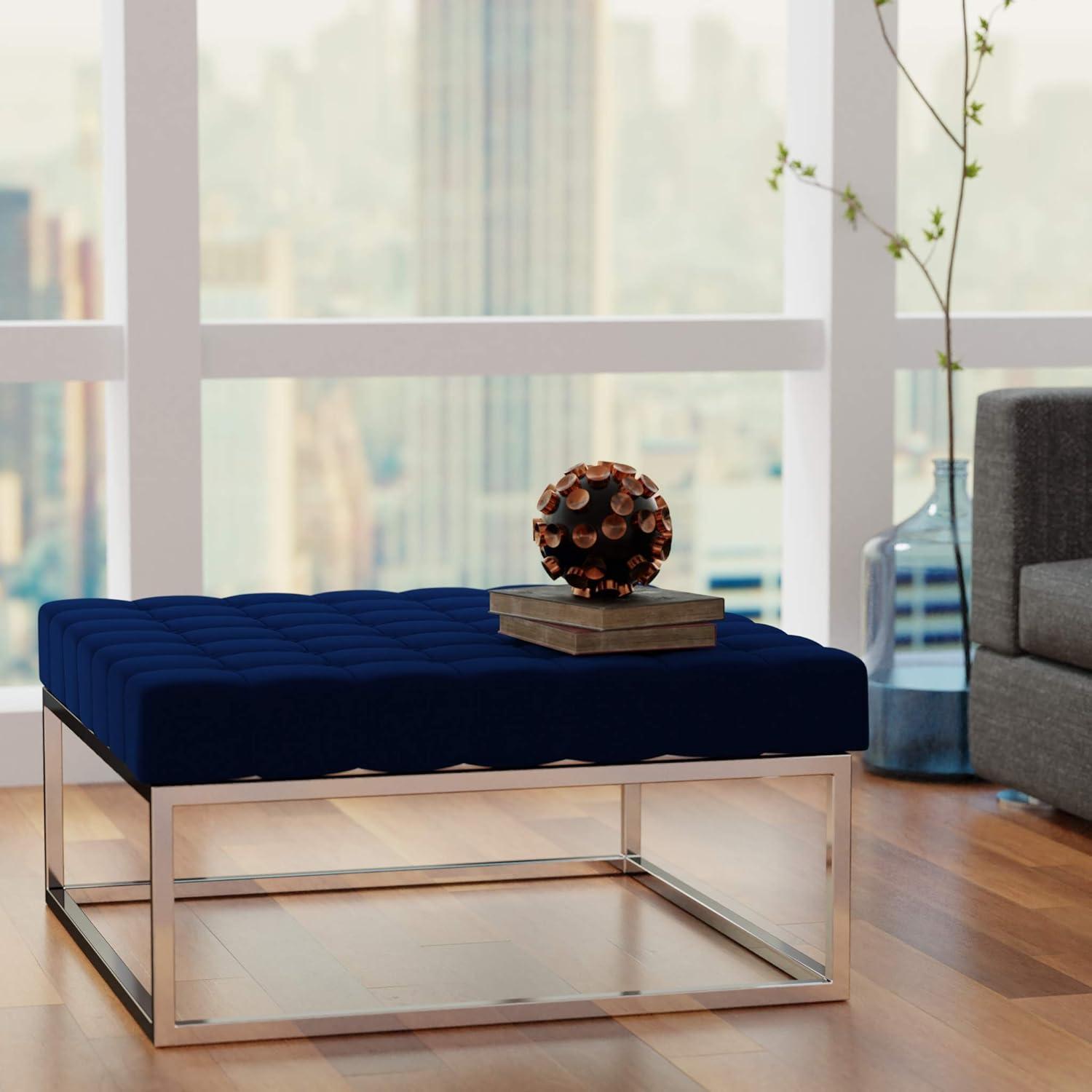 Caroline 36" Blue Velvet Tufted Ottoman with Stainless Steel Legs