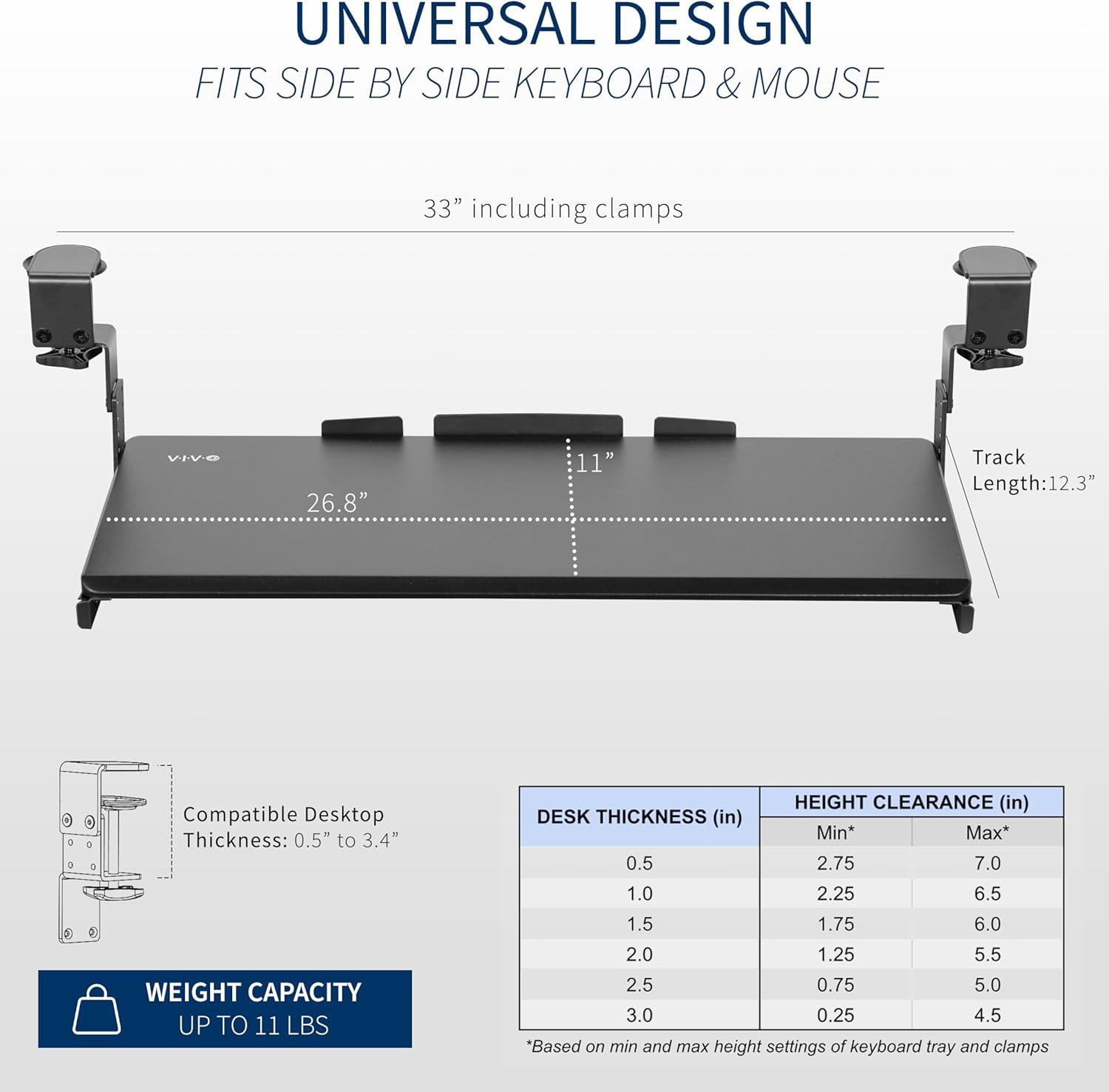 VIVO Black Clamp-on Height Adjustable Keyboard and Mouse Under Desk Slider Tray