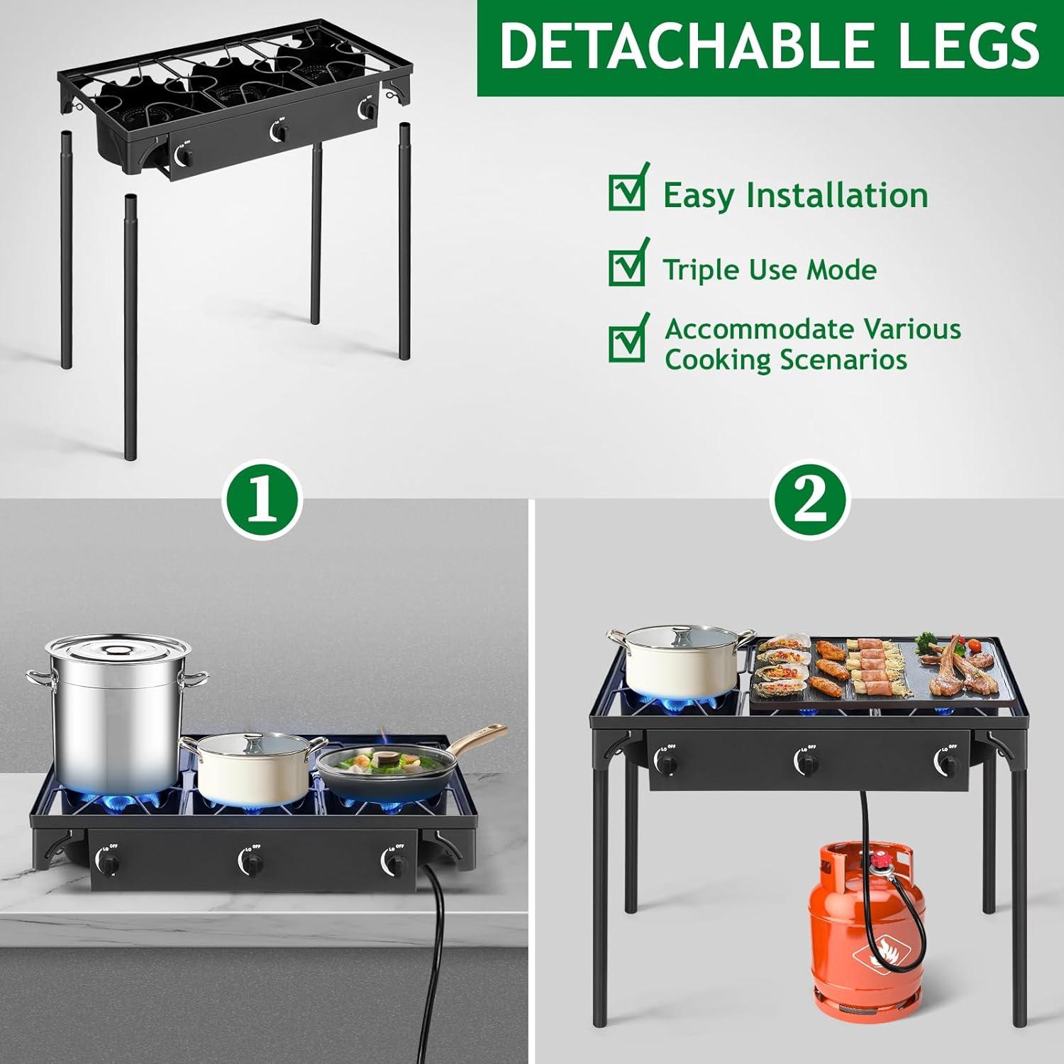 3 Burner Propane Gas Stove for Outdoor Cooking, 225,000 BTU Camping Cooker with Removable Legs, Temperature Control Knobs for Backyard Cooking, BBQ, Baking and Frying