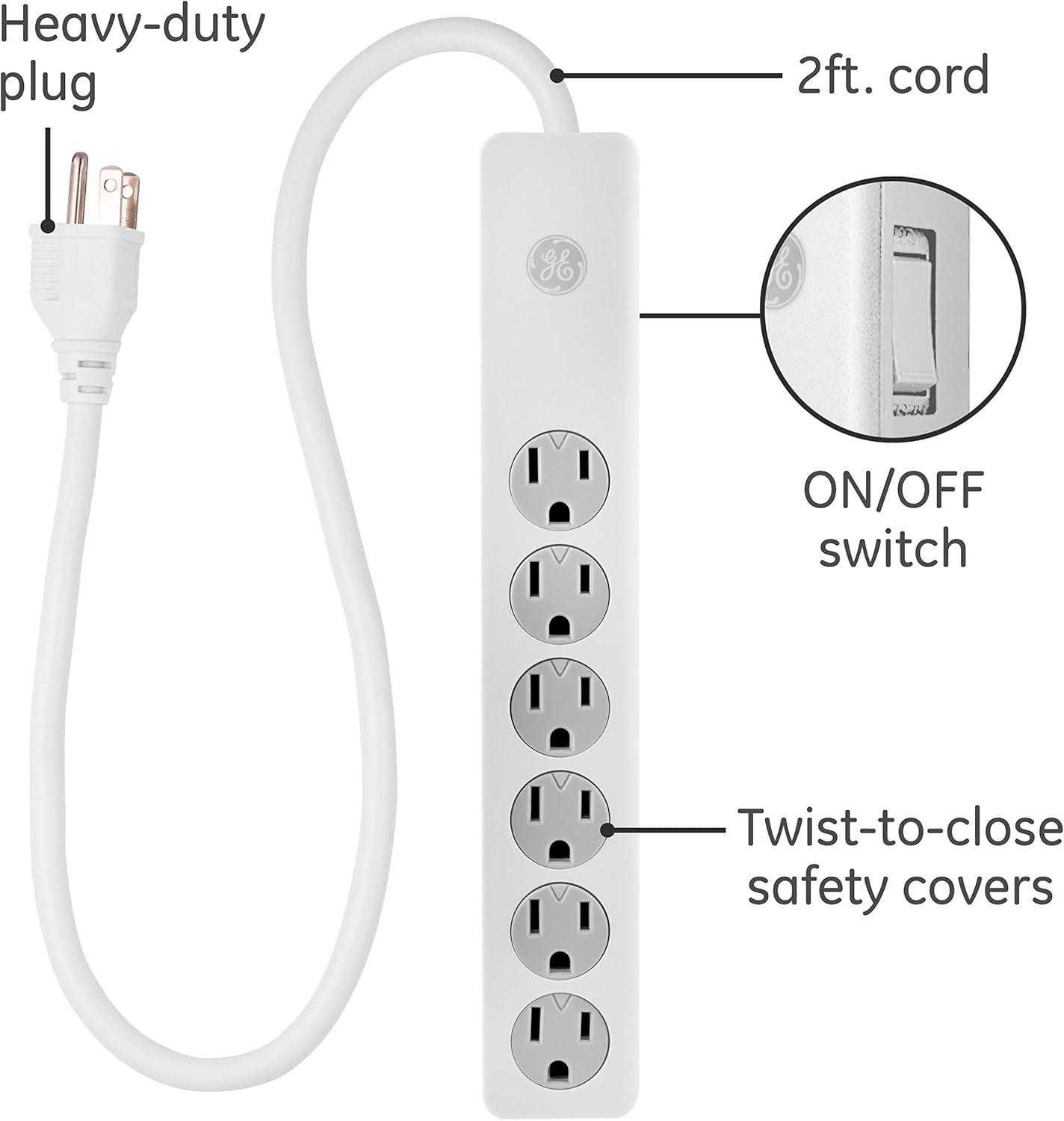 GE 6 Outlet Surge Protector, 2 ft Extension Cord, White - 33656