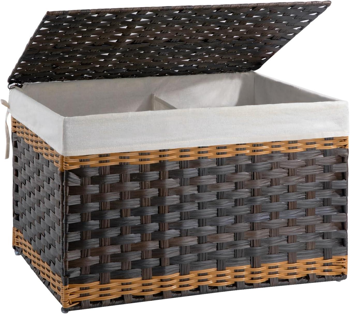 SONGMICS Storage Basket with Lid, 27.7 Gallon (105L) Storage Bin, Woven Blanket Storage Basket with Handles, Foldable, Removable Liner, Metal Frame