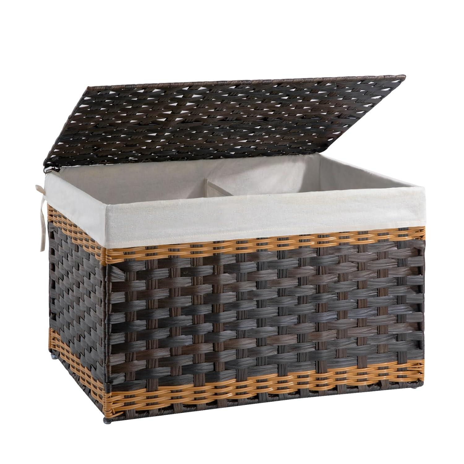 SONGMICS Storage Basket with Lid, 27.7 Gallon (105L) Storage Bin, Woven Blanket Storage Basket with Handles, Foldable, Removable Liner Brown