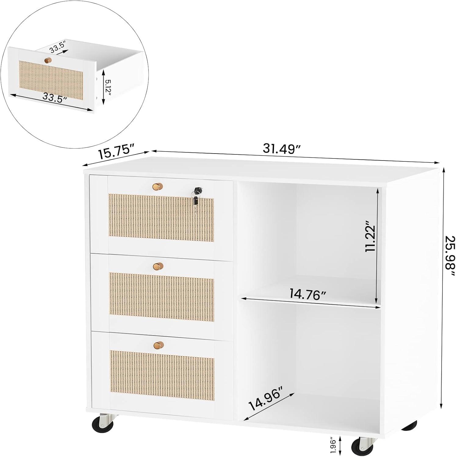 AWQM Wood Filing Cabinet with Lock,3 Drawers Office Storage Cabinet Printer Stand with Open Storage Shelves,Rattan Mobile File Cabinet for Home Office,White