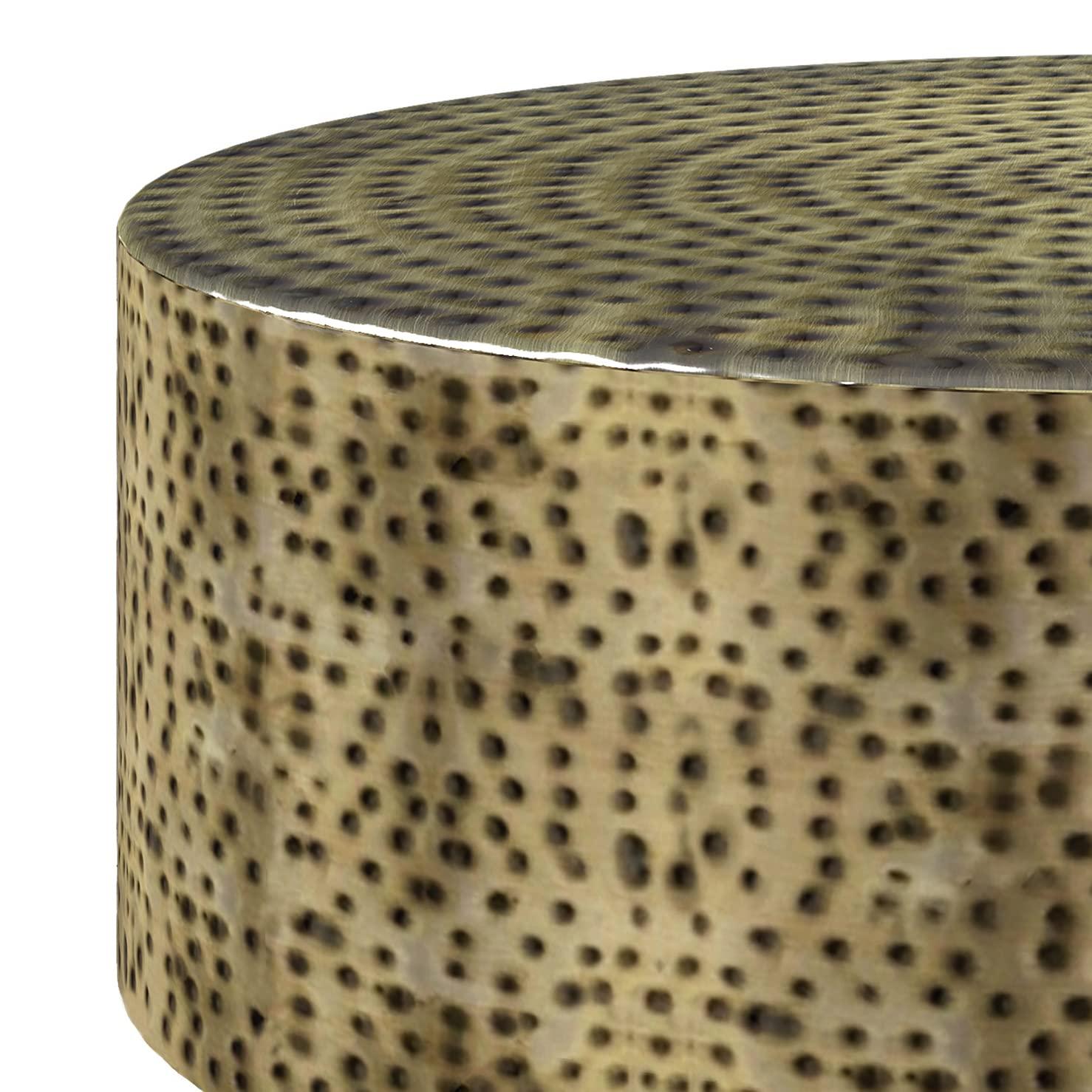 Simpli Home Montrose 30"W Antique Gold and Black Metal Modern Industrial Round Coffee Table with Hammered Texture, Fully Assembled