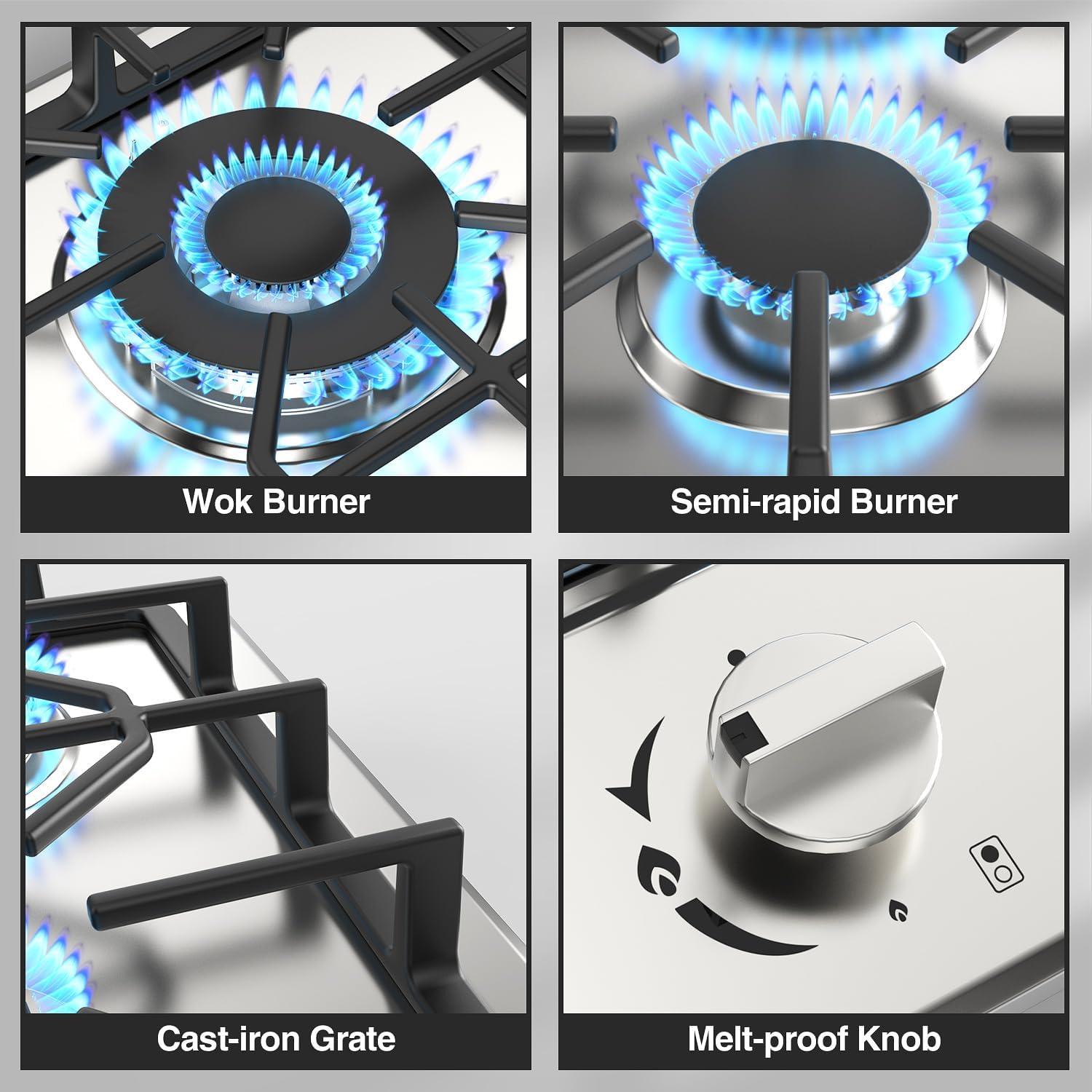 Stainless Steel 2 Burner Propane Gas Cooktop with Ceramic Surface