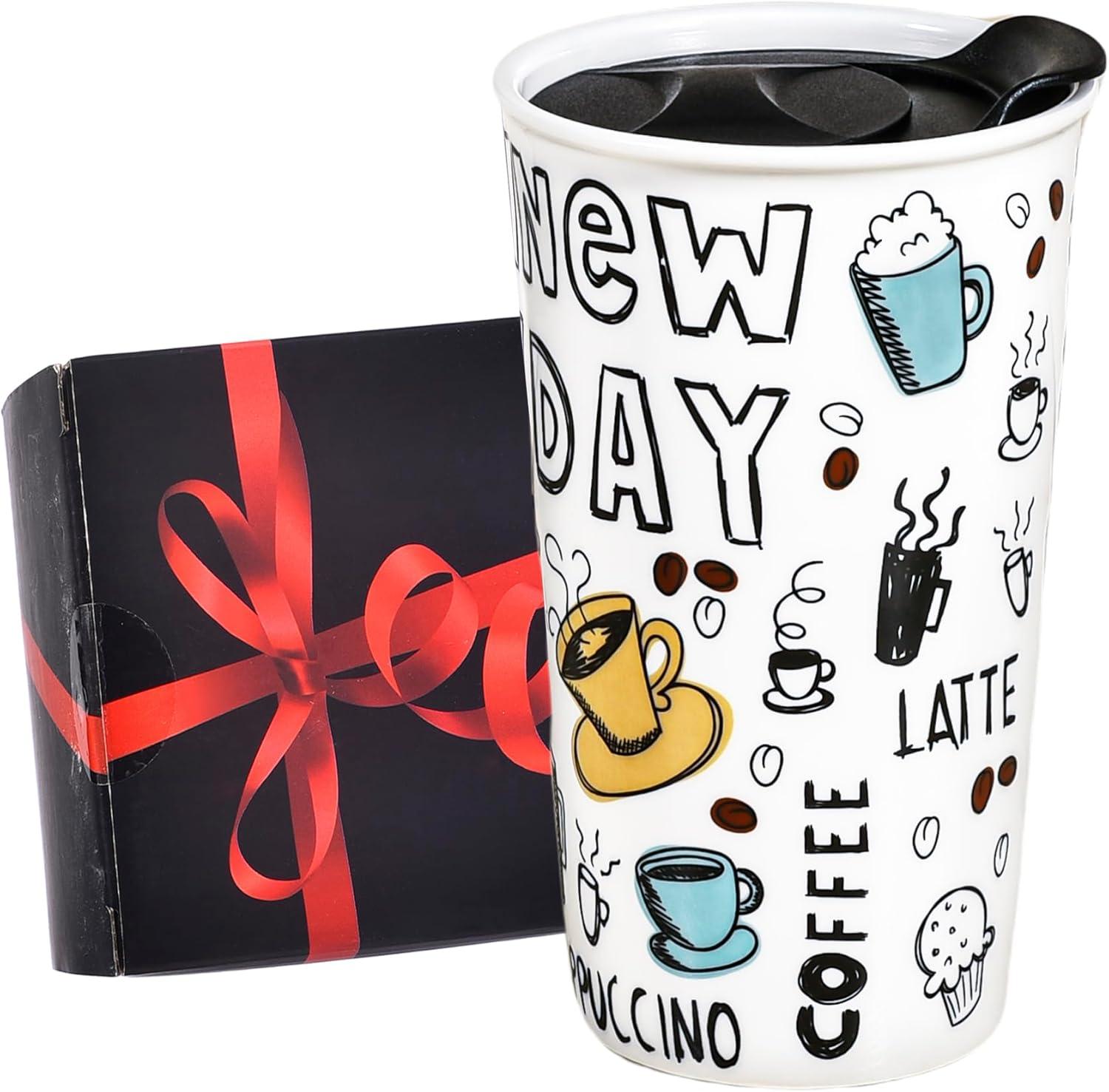 New Day Ceramic Travel Tumbler with Lid, 12 oz, White and Black