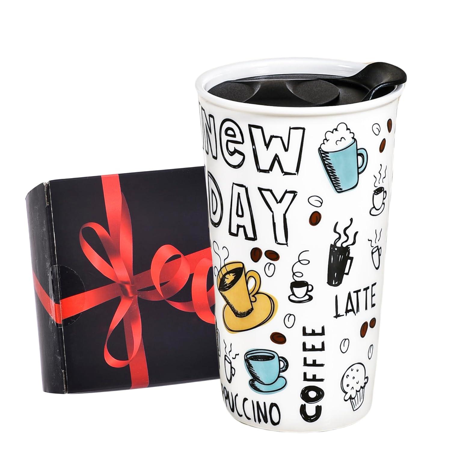 New Day Ceramic Travel Tumbler with Lid, 12 oz, White and Black