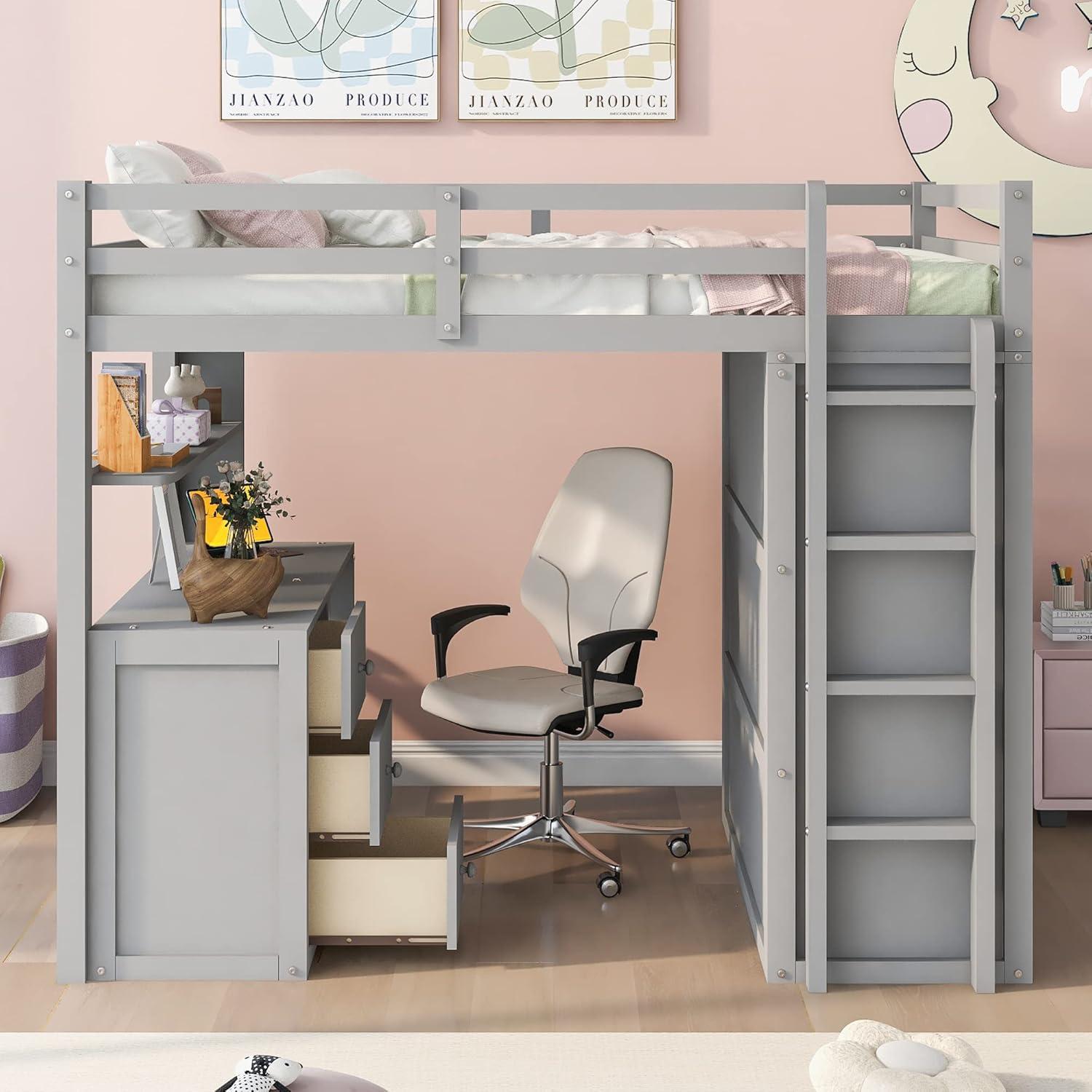 Loft Bed Full Size Adult, Wooden Frame with Desk and Wardrobe, Storage Design with Drawers & Shelf, for Teen Girls & Boys (Gray)