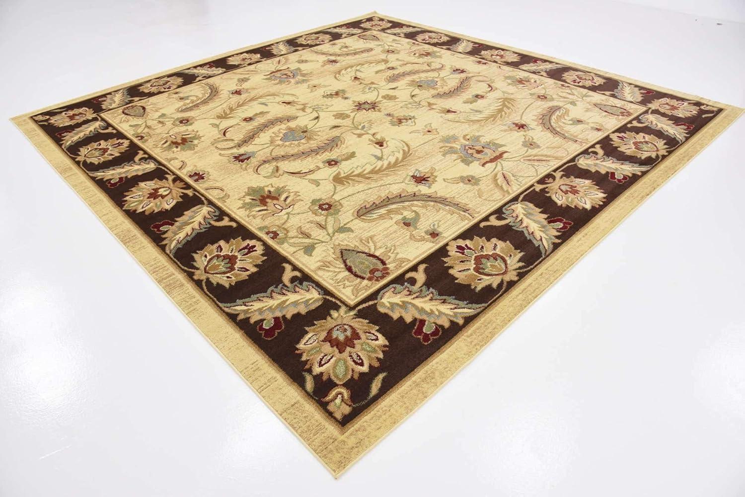 Elegant Cream Floral Square Shag Rug with Stain-Resistant Synthetic Fibers