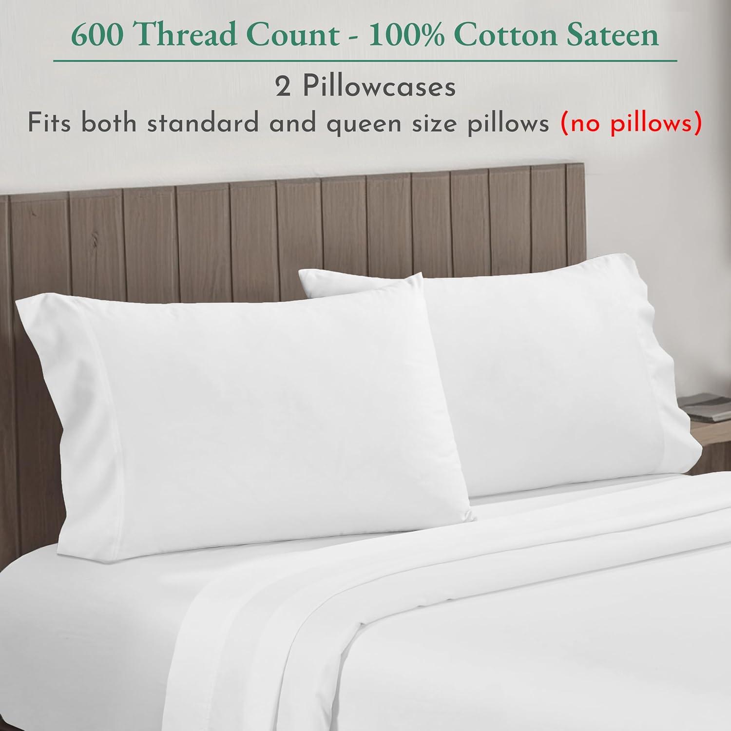 Luxury 600 Thread Count Pillowcases - 100% Cotton Sateen, Soft, Cool & Breathable by California Design Den