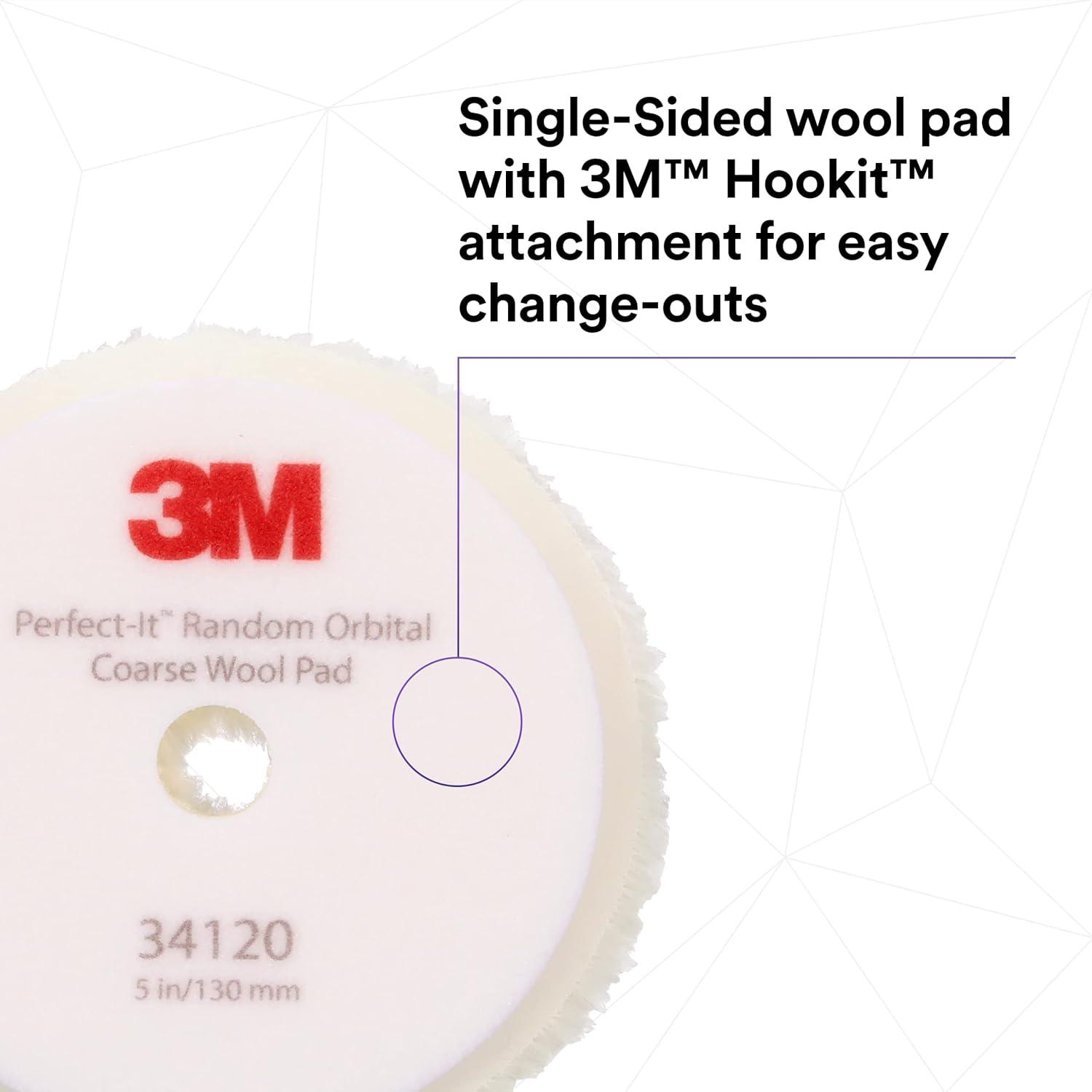 3M Perfect-It Random Orbital Coarse Wool Compounding Pad 34120, 5 Inch (130 mm), White, 2 Pads/Bag