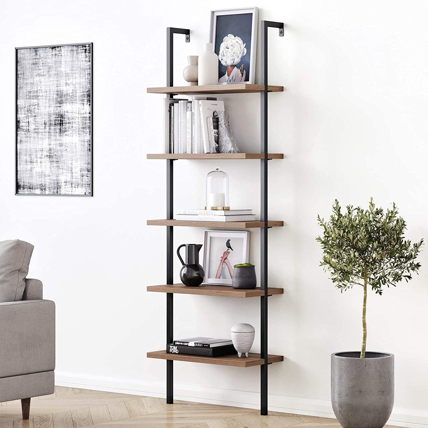 Theo Reclaimed Oak and Matte Black 5-Tier Ladder Bookshelf