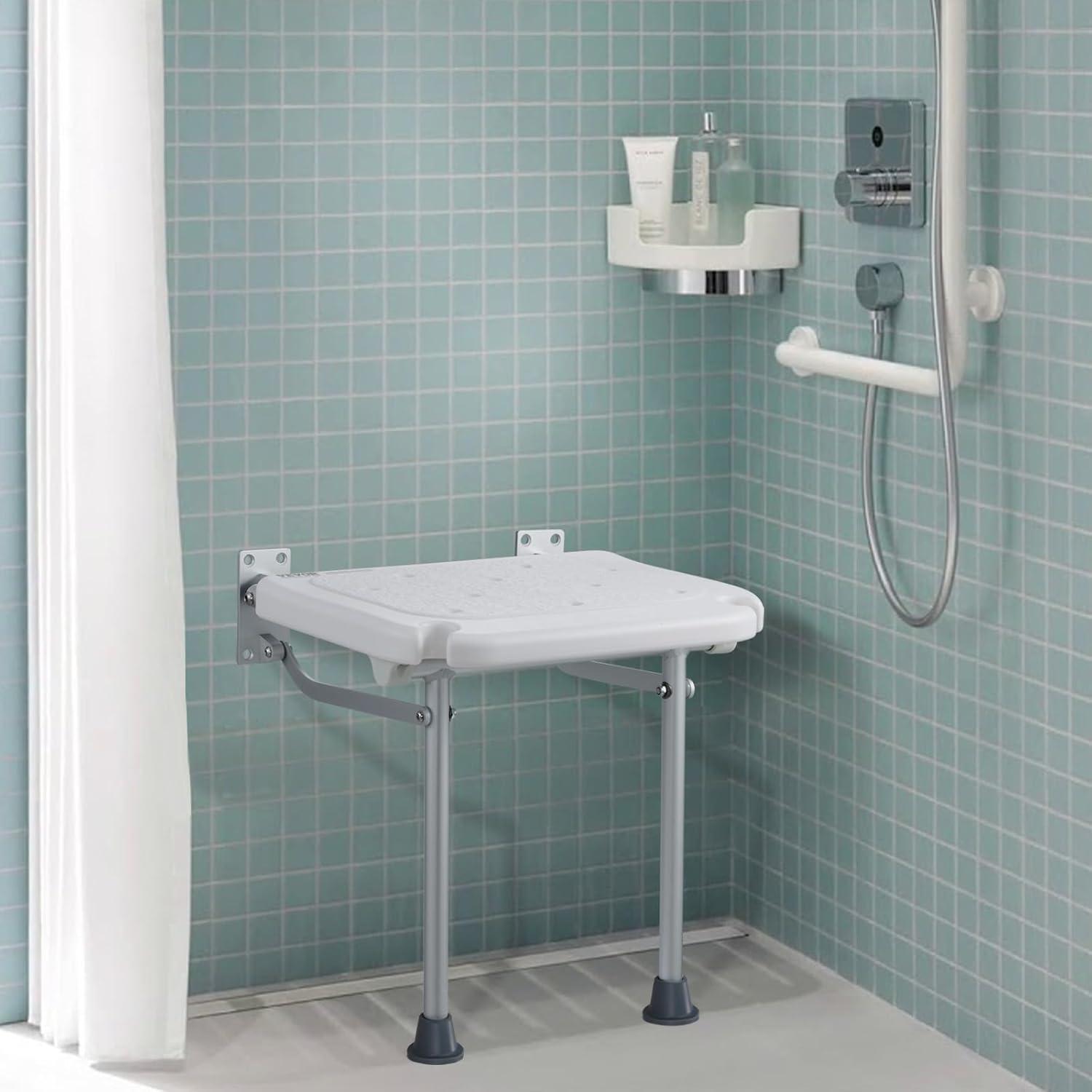 VEVOR Folding PE Shower Seat, 15.7'' x 14.8'' Unfolded, Wall Mounted Fold Up Shower Bench with 500 lbs Load Capacity, Space Saving Fold Down Shower Chair for Seniors Pregnant Women Children Adults