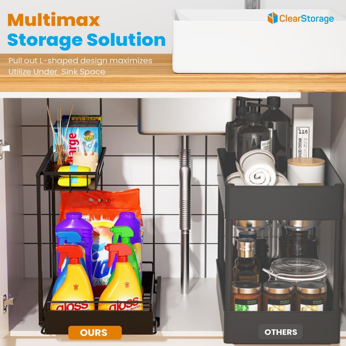 Under Sink Organizers and Storage, 2 Tier, L Shaped, Pull out sliding, Adjustable Under Sink Organizer for Kitchen Bathroom Cabinet Counter Organizer with Non-Slip Feet undersink organizer (BLACK)