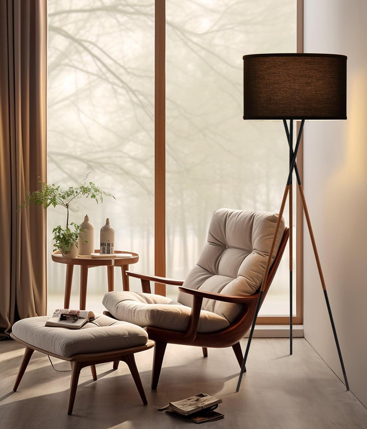 Black Tripod Floor Lamp with Fabric Shade and Faux Leather Accents