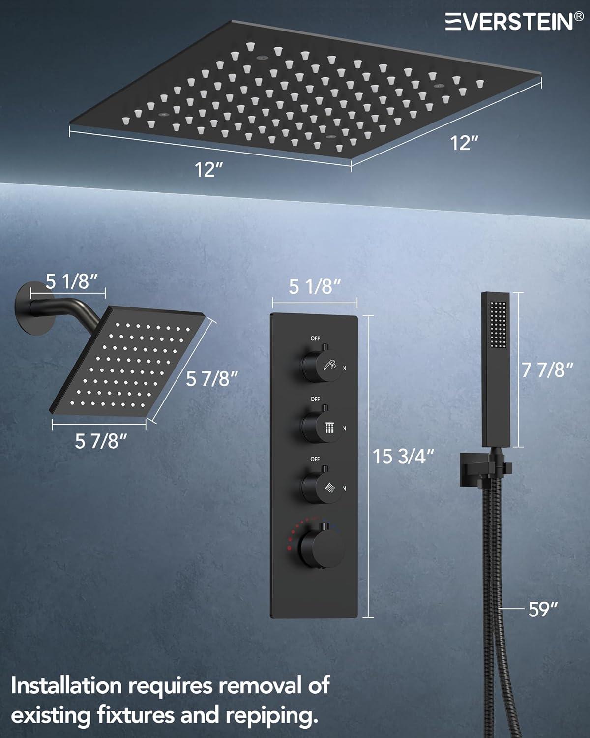 LED Thermostatic Shower Faucet 12" High-Pressure Dual Showerheads with Handheld Shower