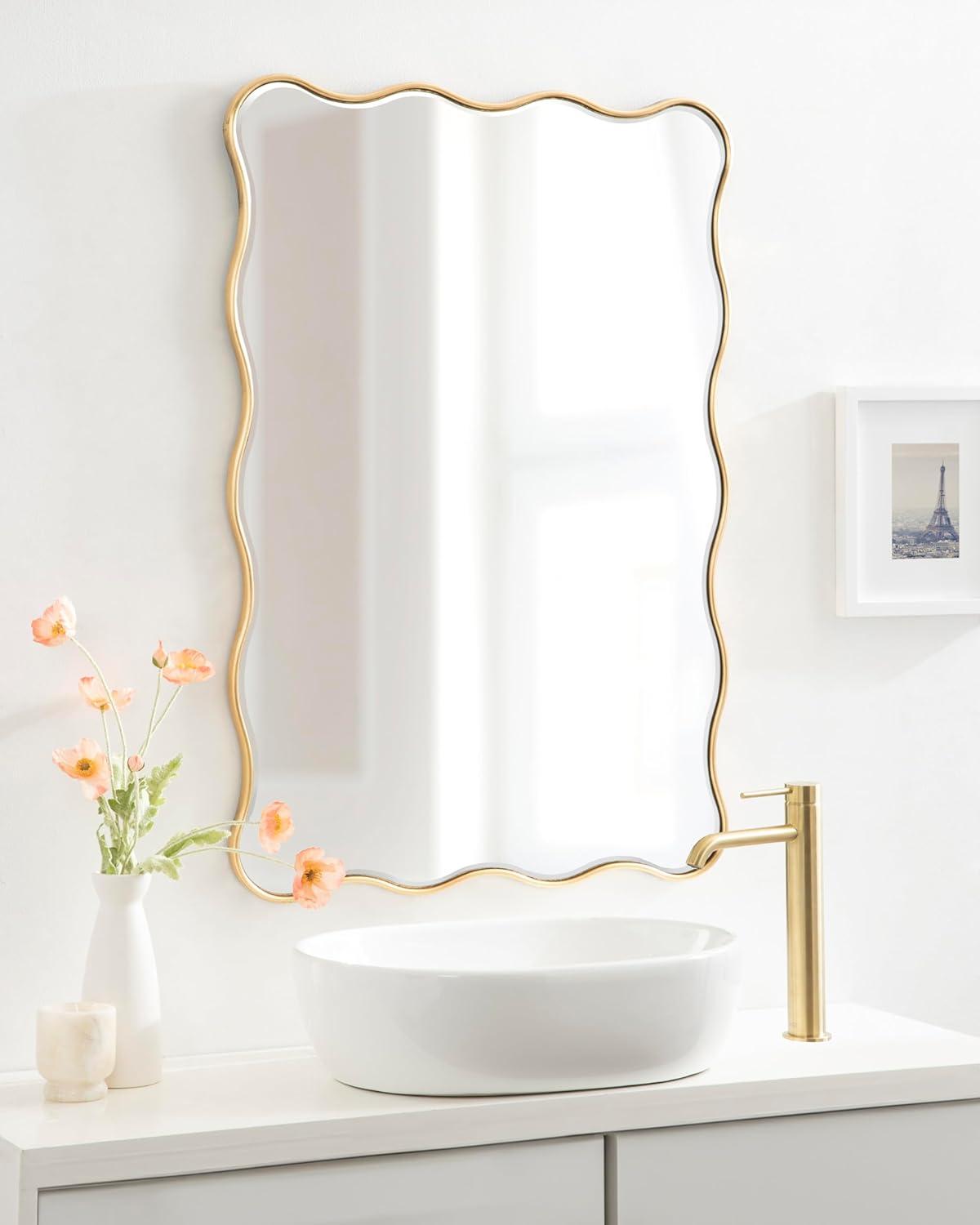 Kate & Laurel All Things Decor 24"x36" Viona Rectangle Scalloped Mirror Gold: Elegant Wavy Design, No Assembly Required